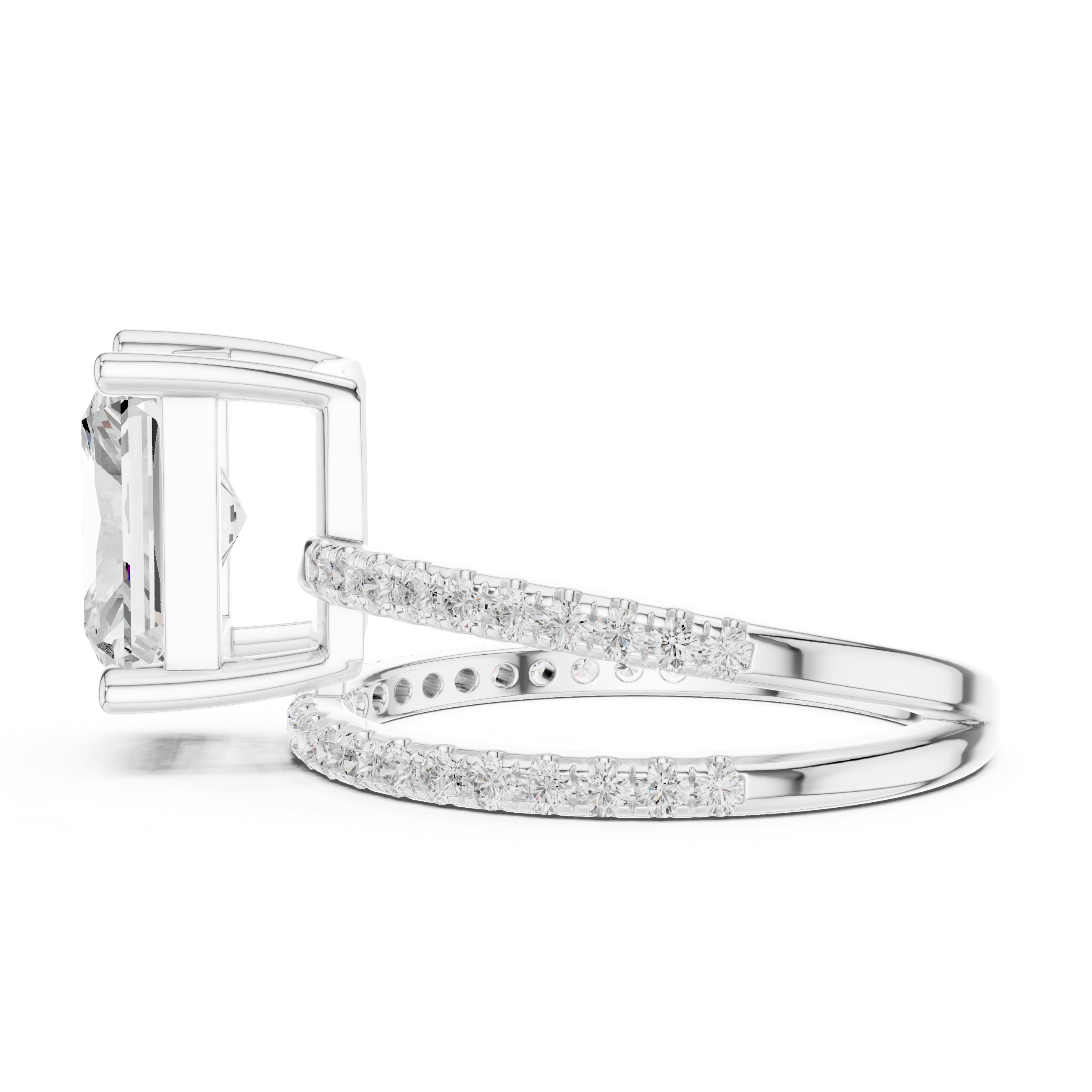 Split Shank Radiant Cut Solitaire Engagement Ring with Pavé Diamond Band