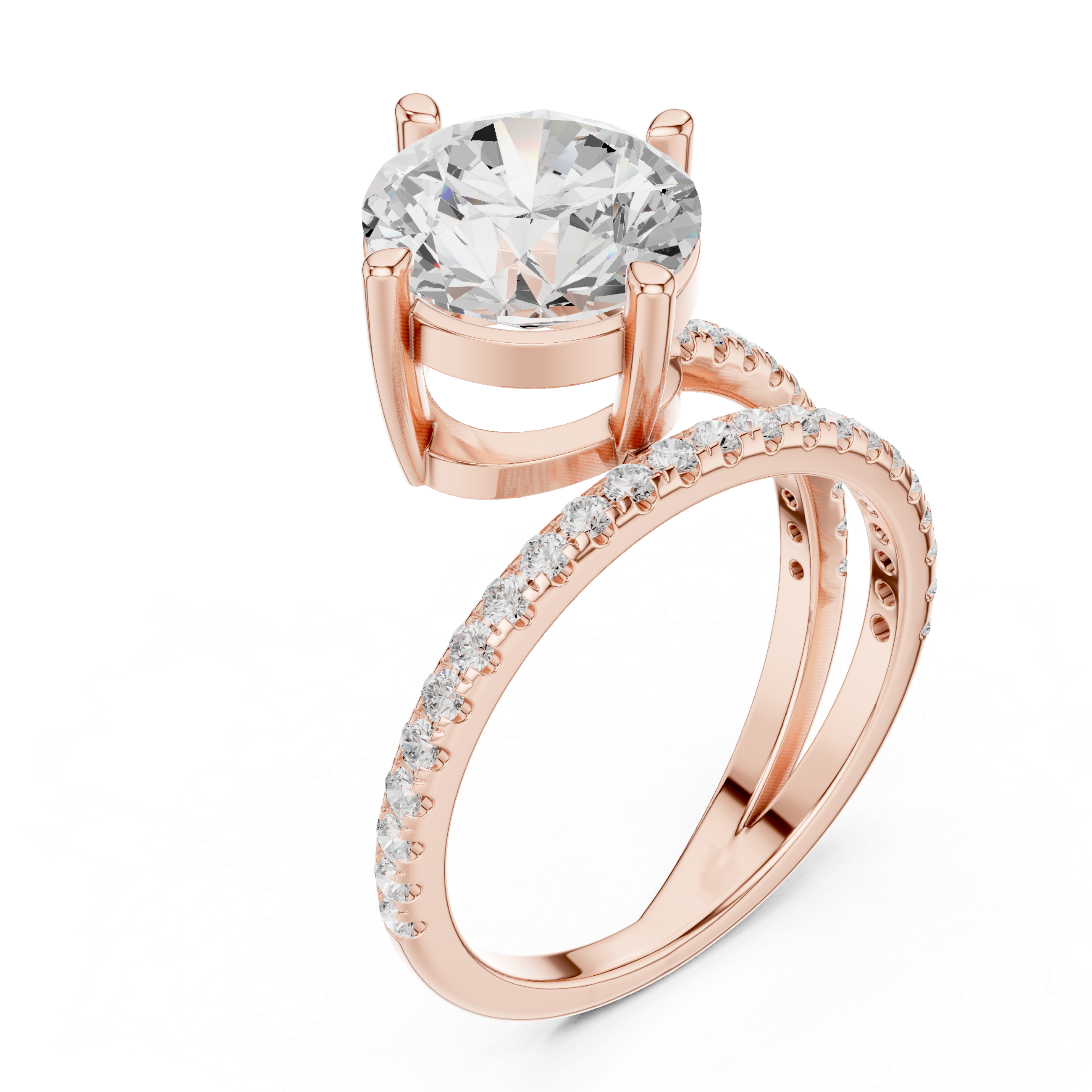 Split Shank Round Cut Solitaire Engagement Ring with Pavé Diamond Band