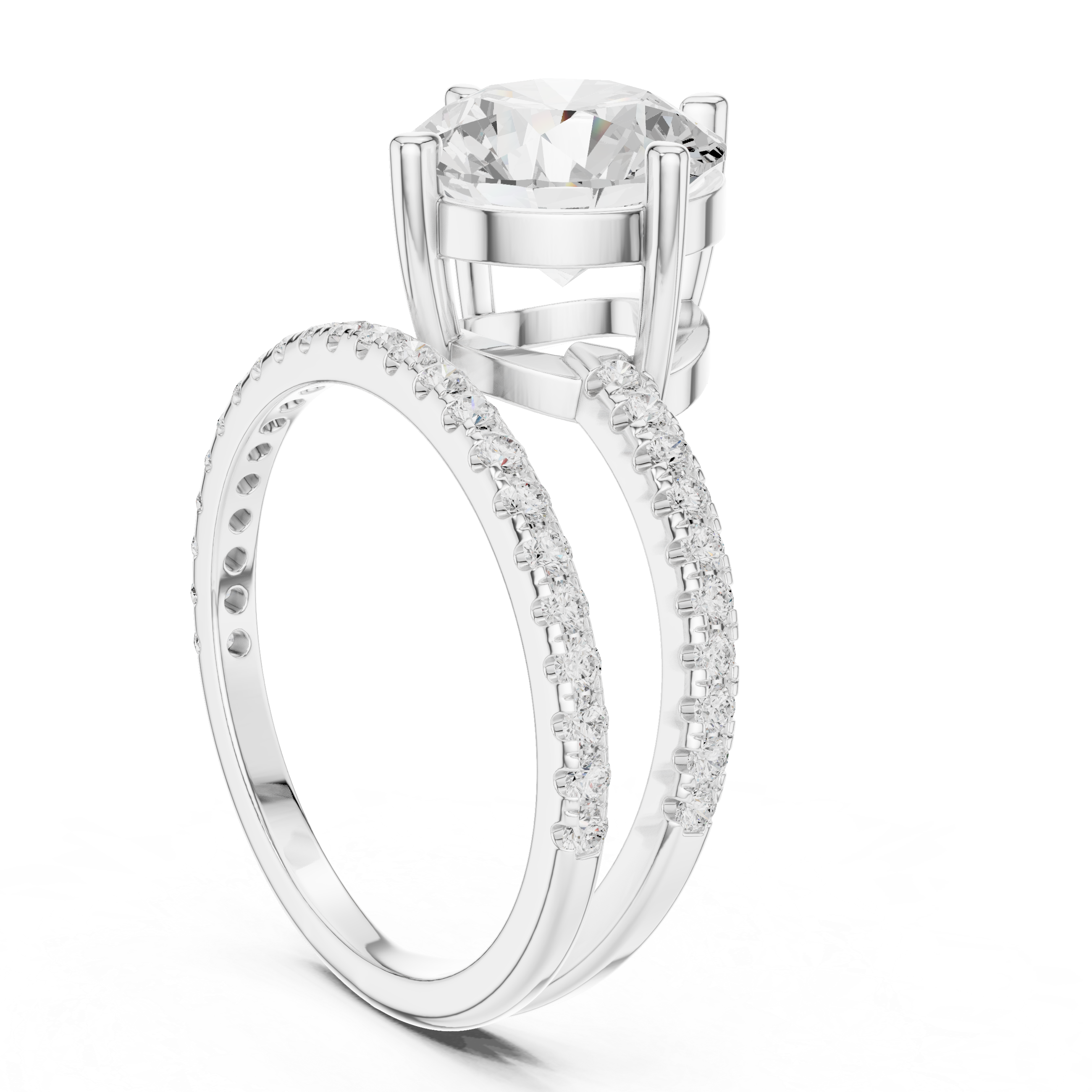 Split Shank Round Cut Solitaire Engagement Ring with Pavé Diamond Band