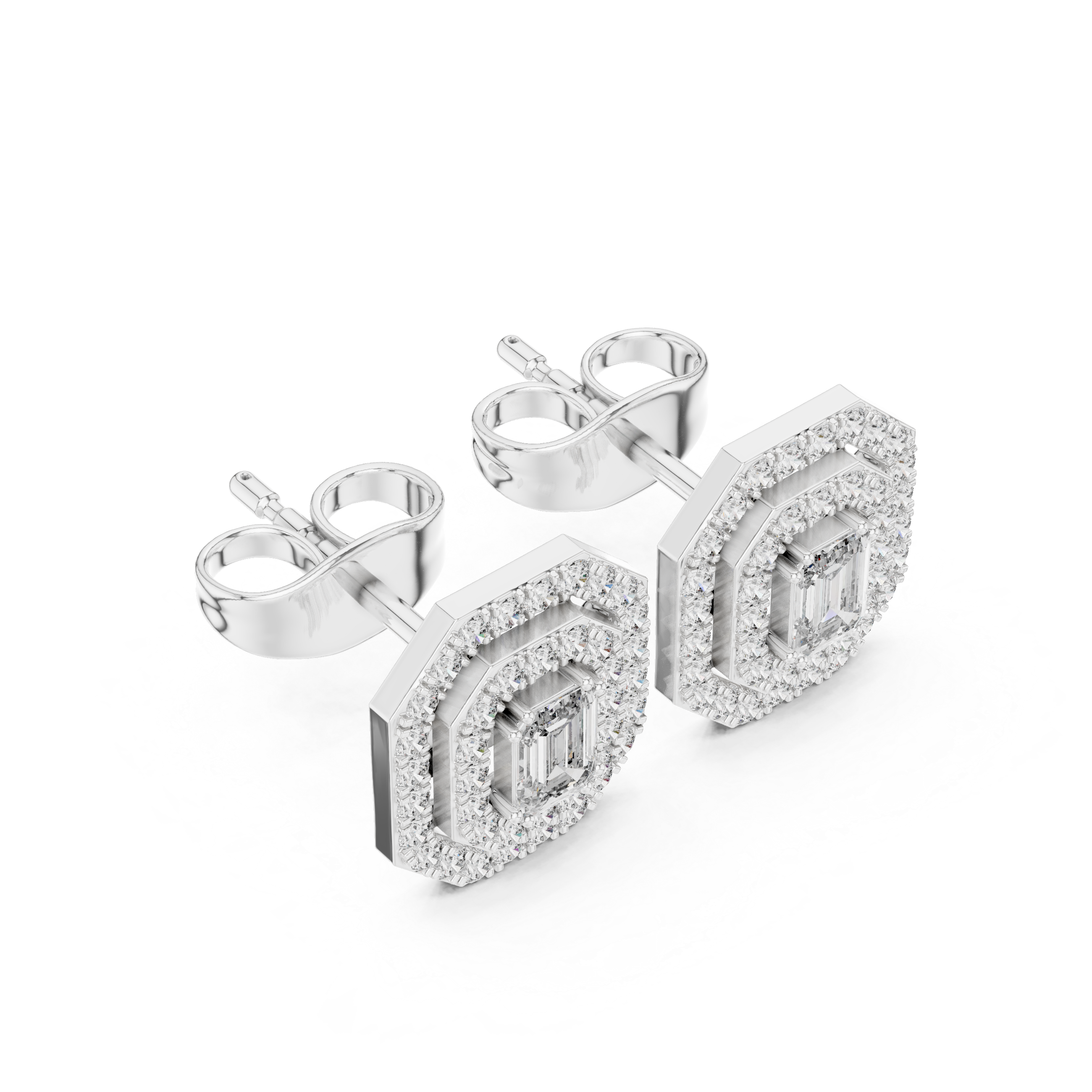 Emerald Cut Triple Halo Diamond Stud Earrings with Octagon Frame