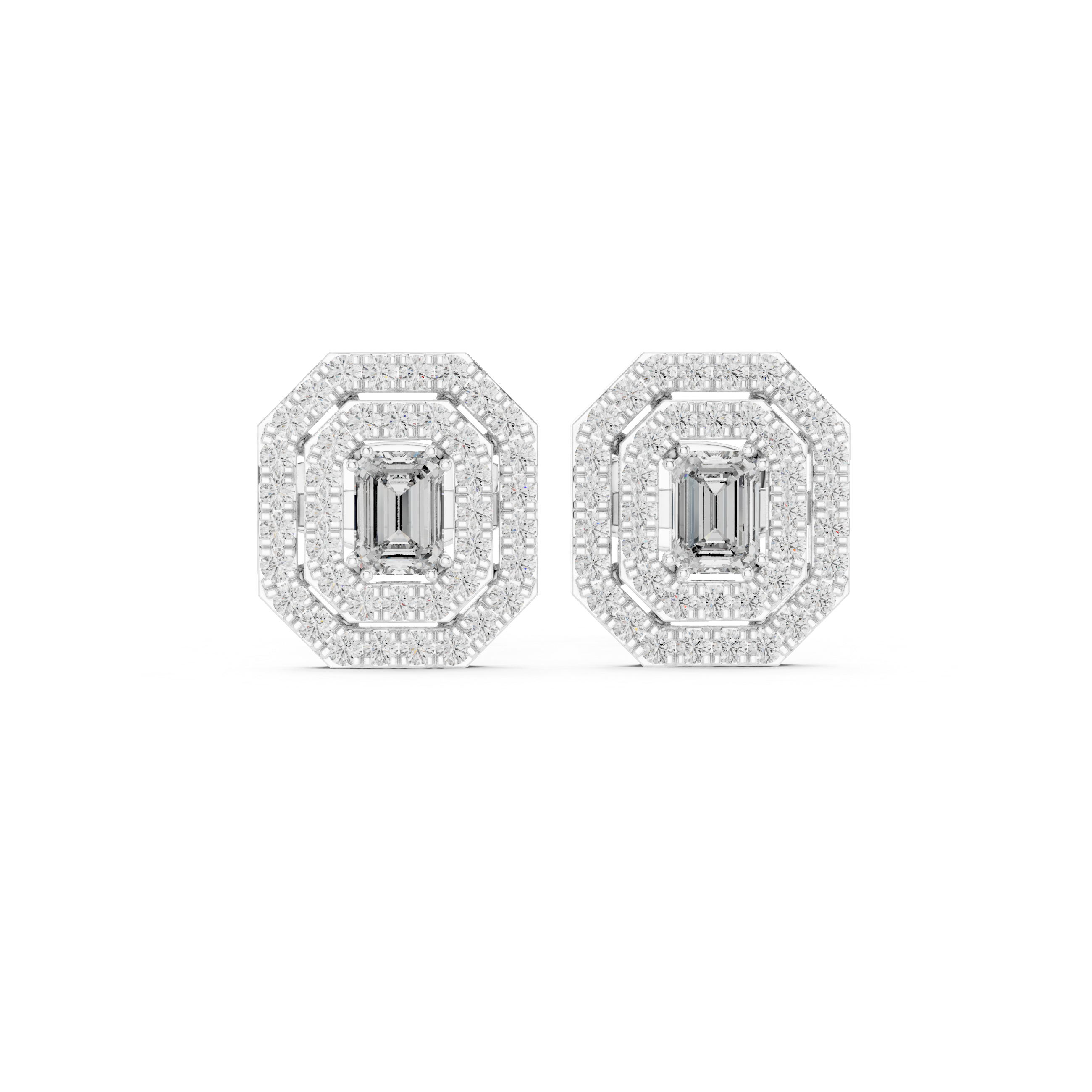Emerald Cut Triple Halo Diamond Stud Earrings with Octagon Frame