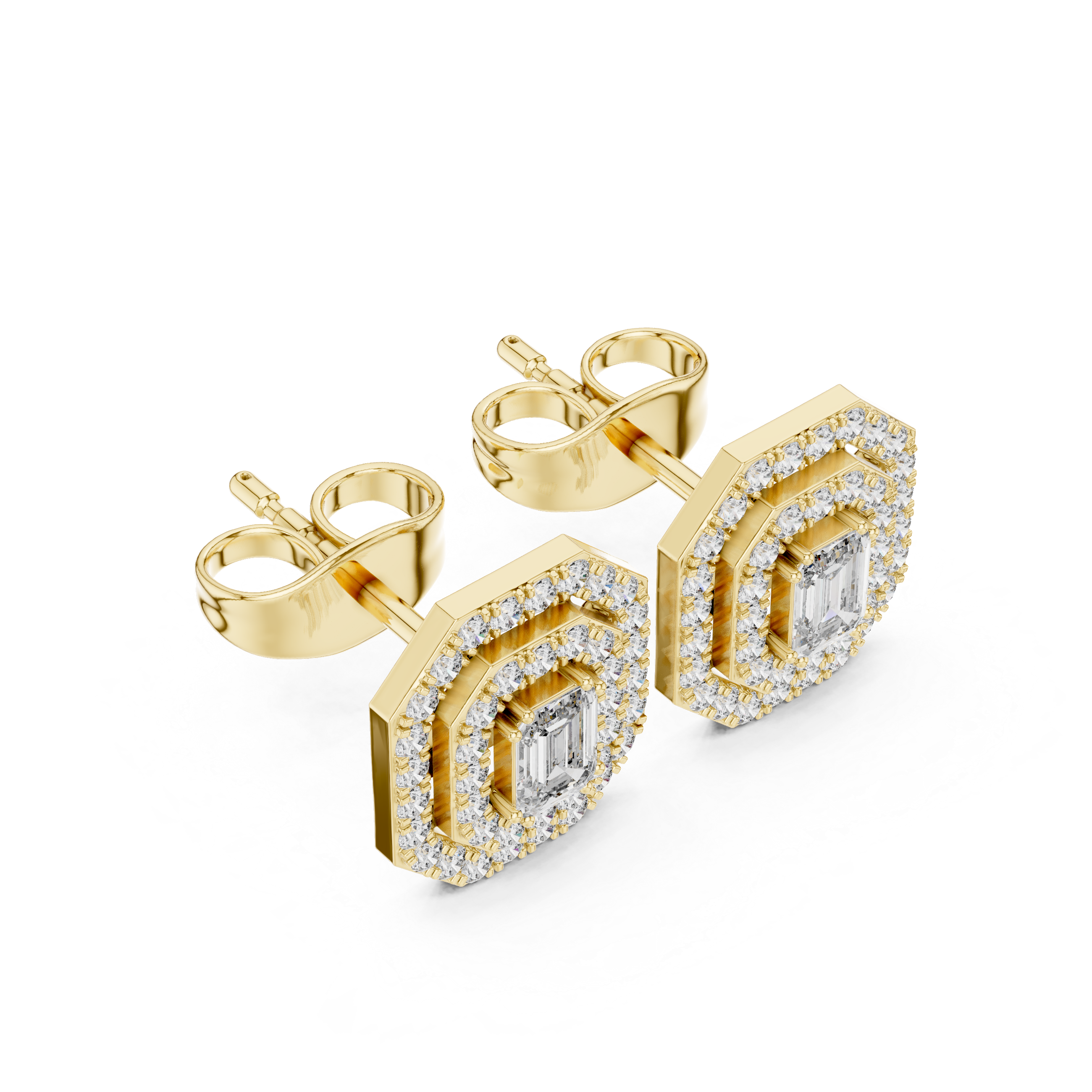 Emerald Cut Triple Halo Diamond Stud Earrings with Octagon Frame