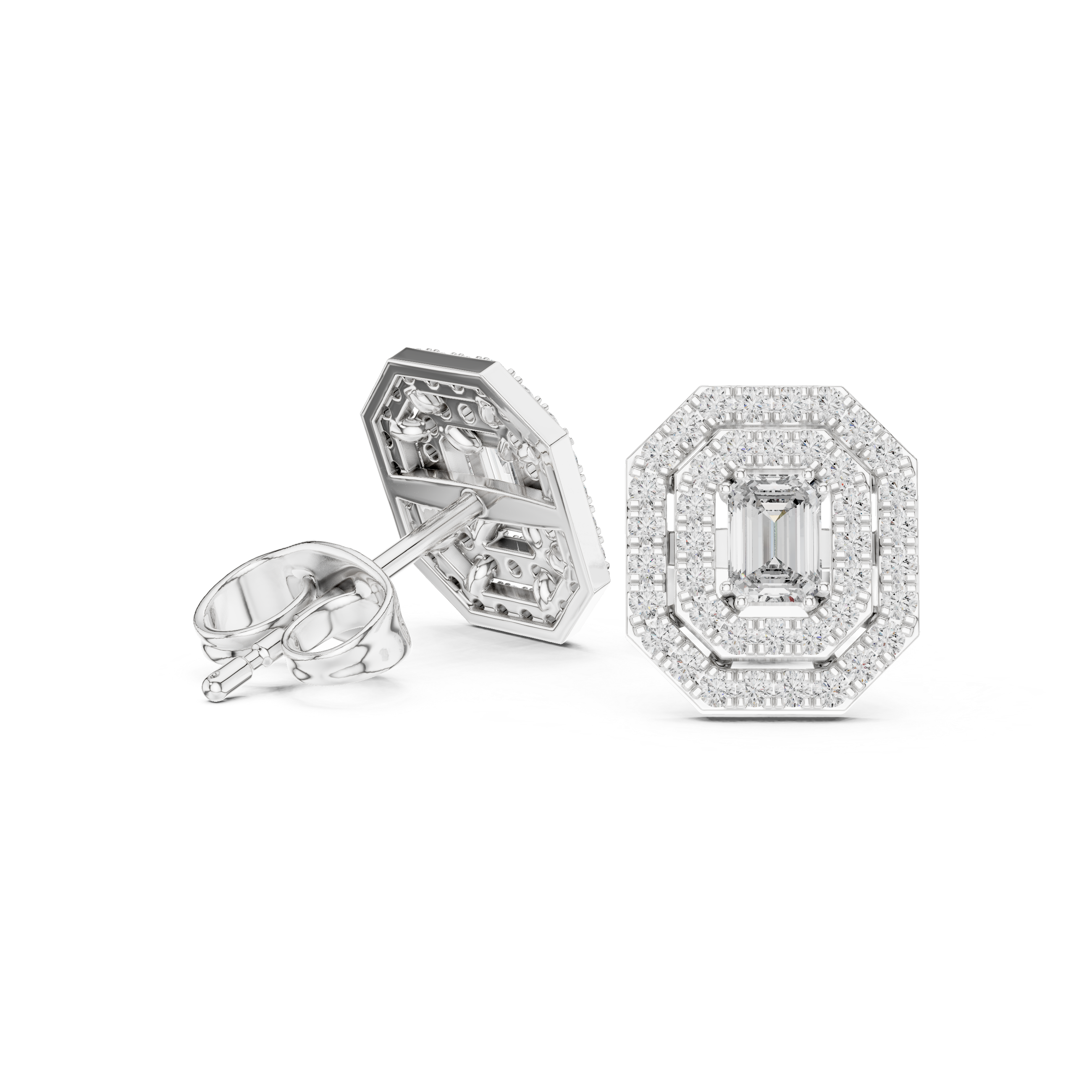 Emerald Cut Triple Halo Diamond Stud Earrings with Octagon Frame
