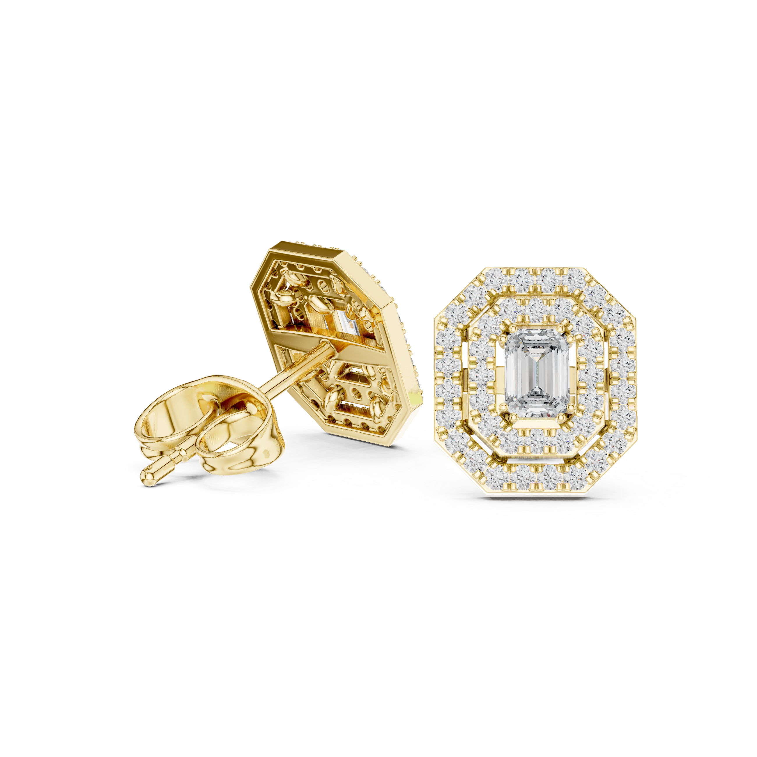 Emerald Cut Triple Halo Diamond Stud Earrings with Octagon Frame