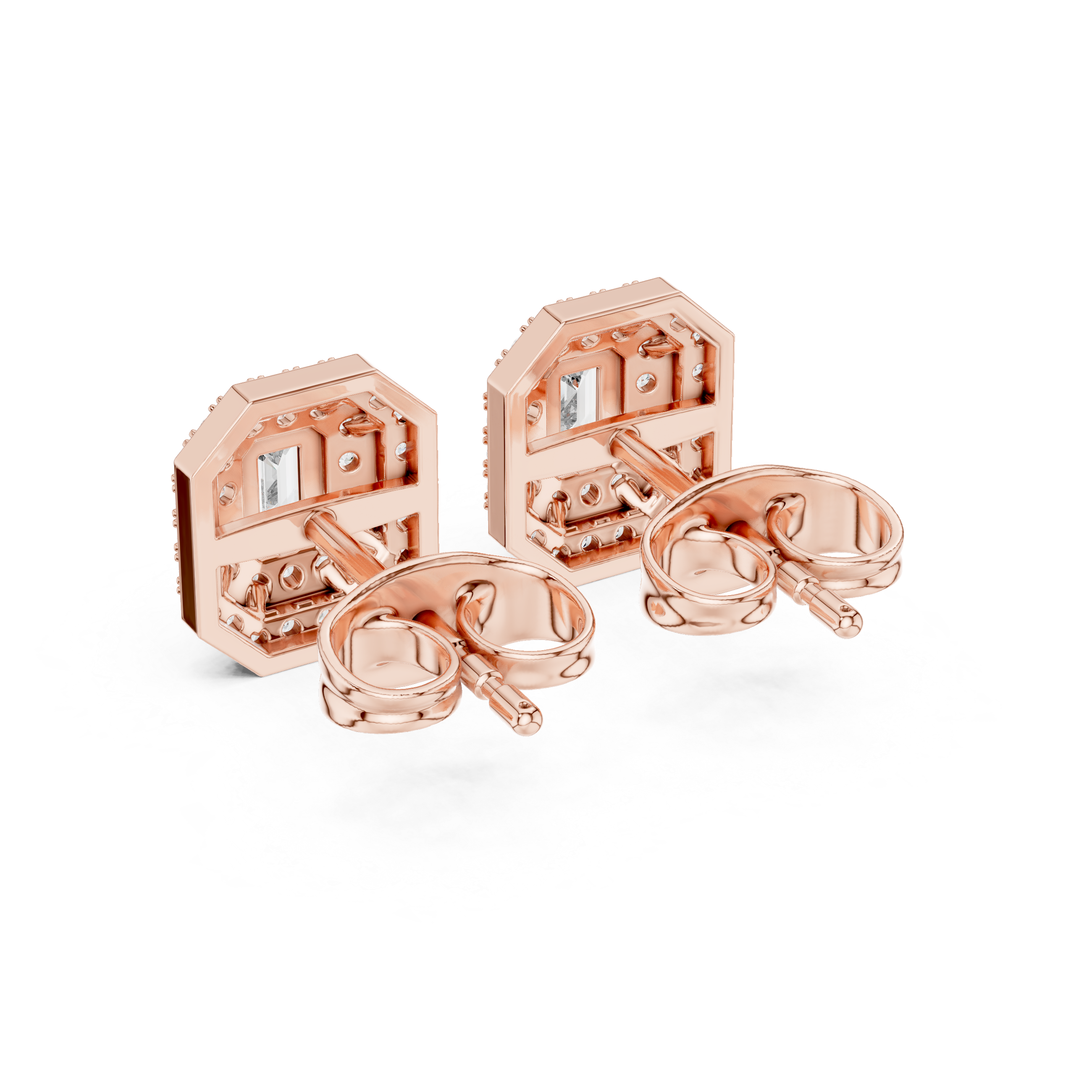 Emerald Cut Double Halo Diamond Stud Earrings with Octagon Frame