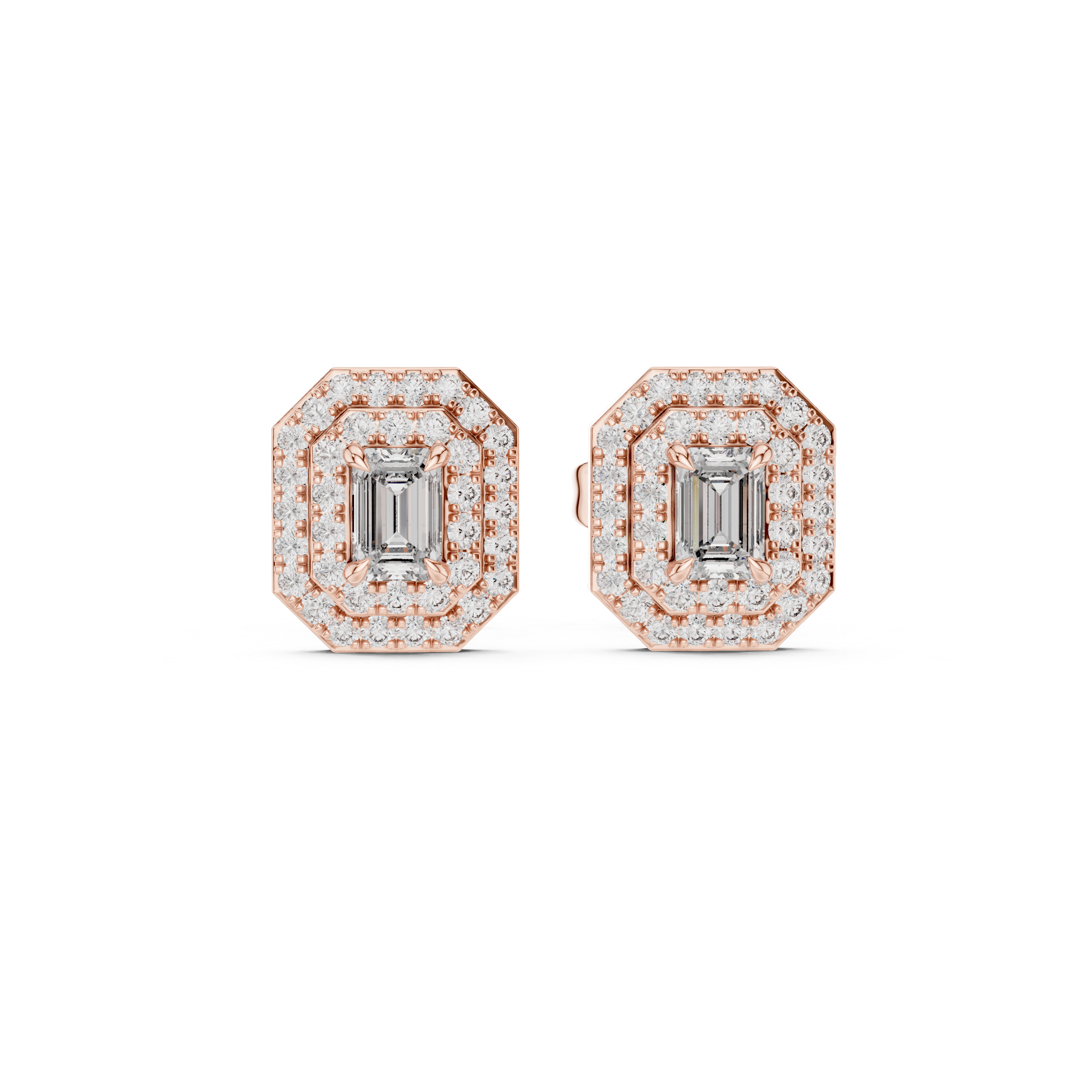 Emerald Cut Double Halo Diamond Stud Earrings with Octagon Frame