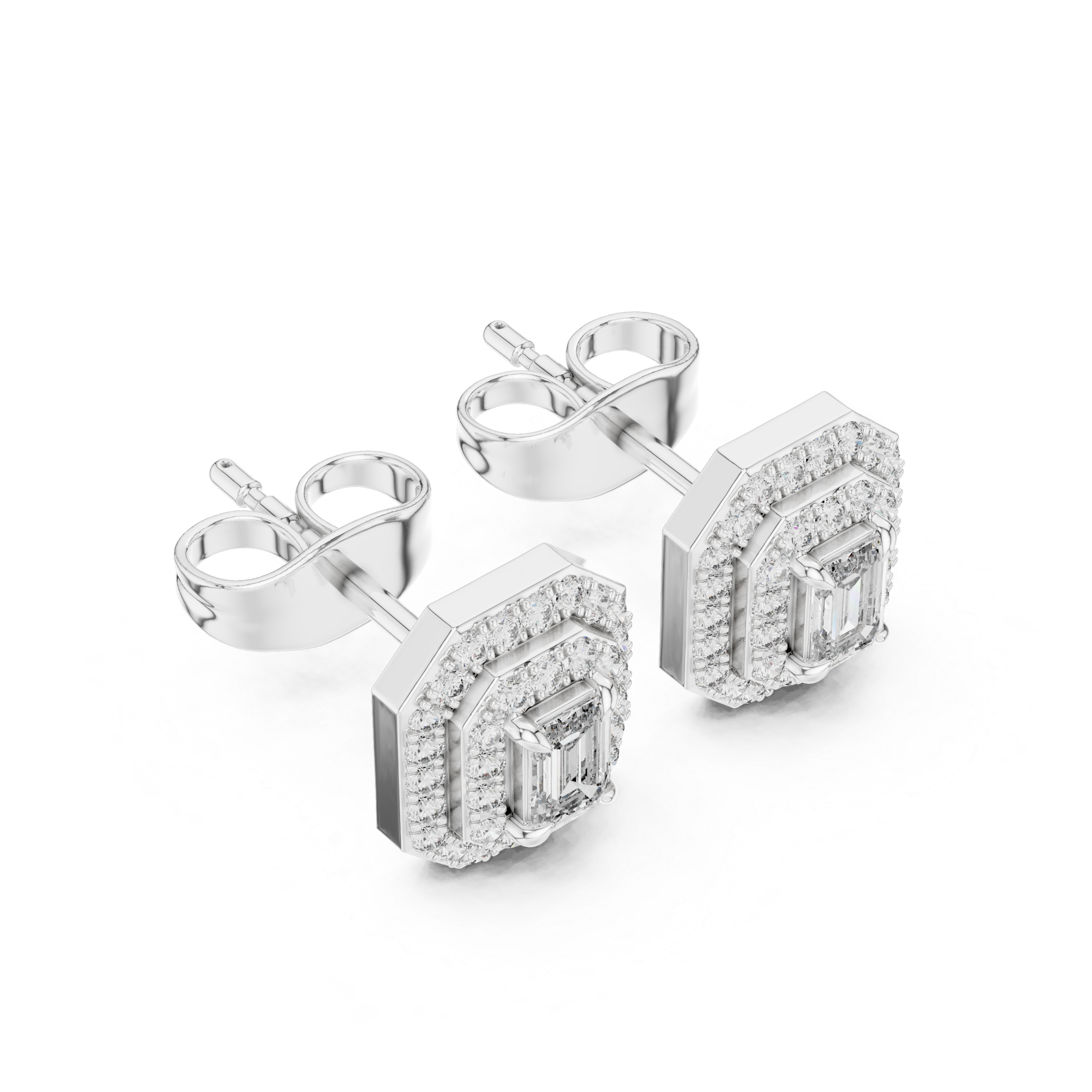 Emerald Cut Double Halo Diamond Stud Earrings with Octagon Frame