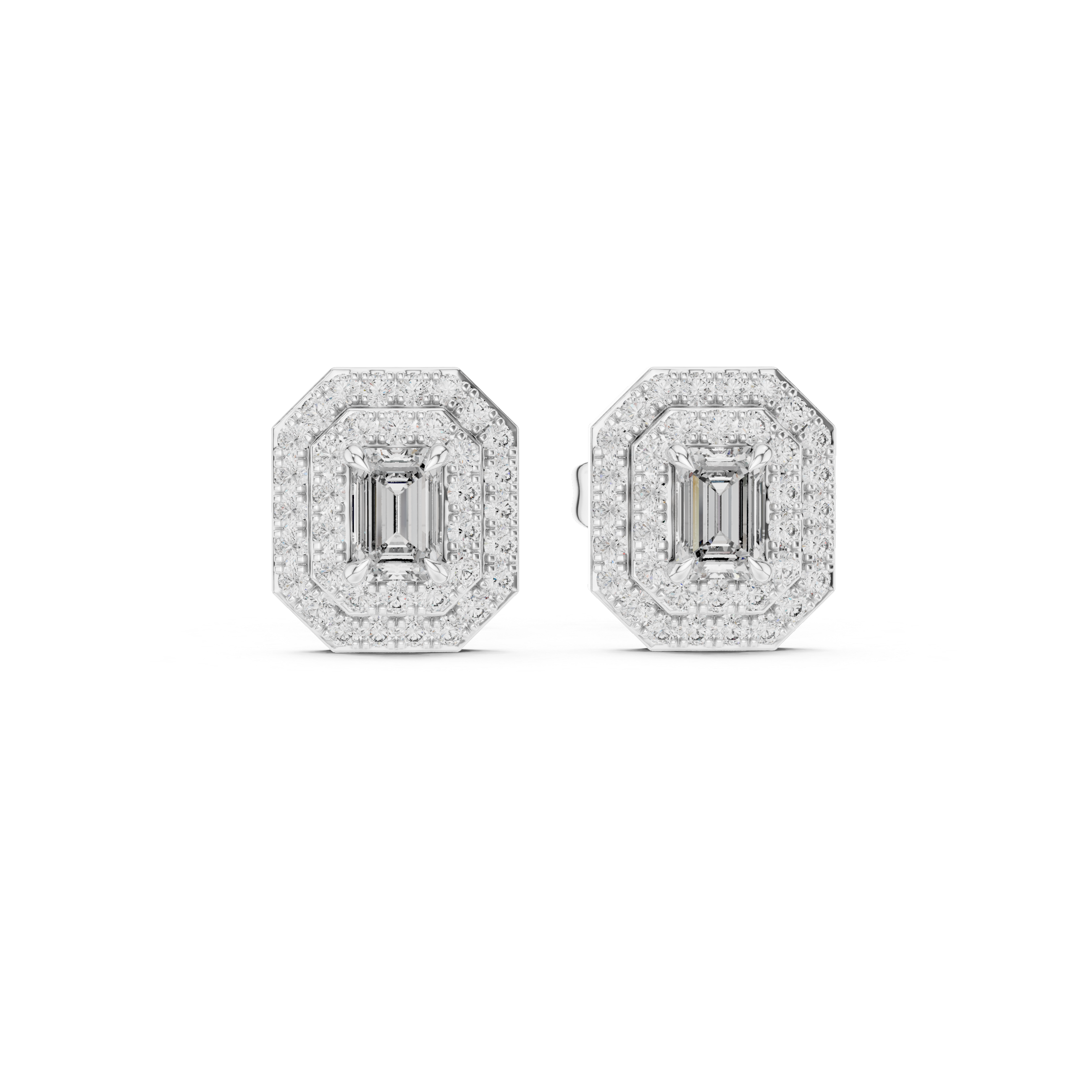 Emerald Cut Double Halo Diamond Stud Earrings with Octagon Frame