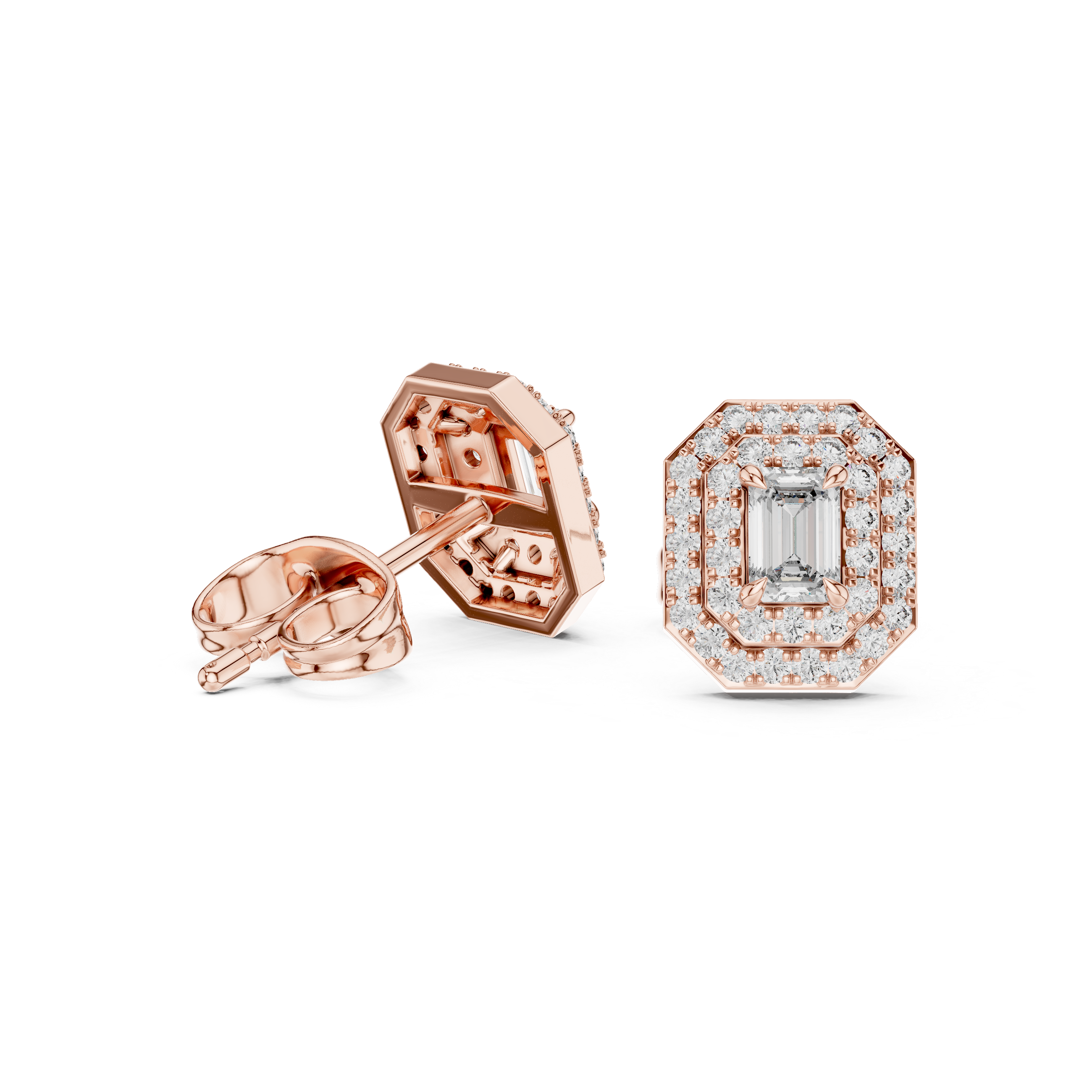 Emerald Cut Double Halo Diamond Stud Earrings with Octagon Frame