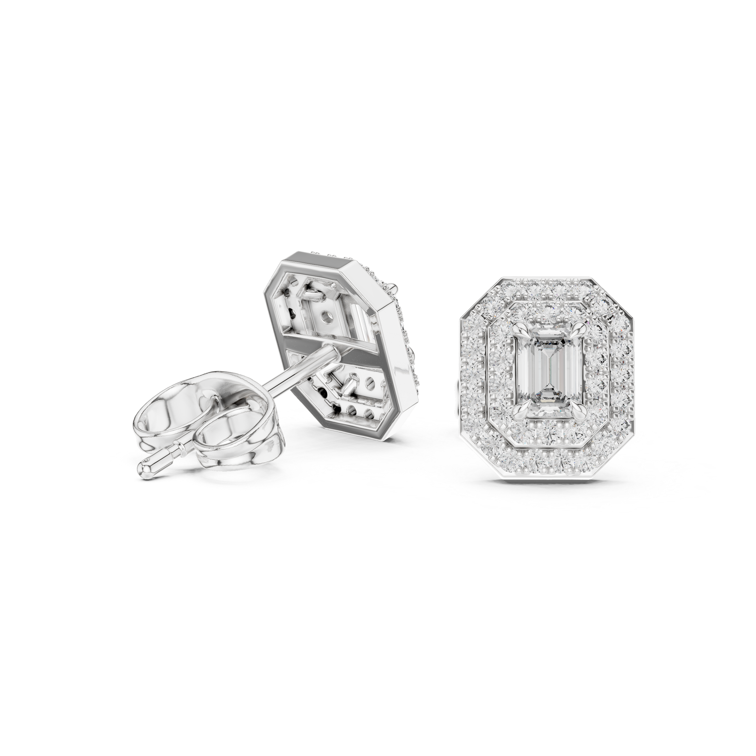 Emerald Cut Double Halo Diamond Stud Earrings with Octagon Frame