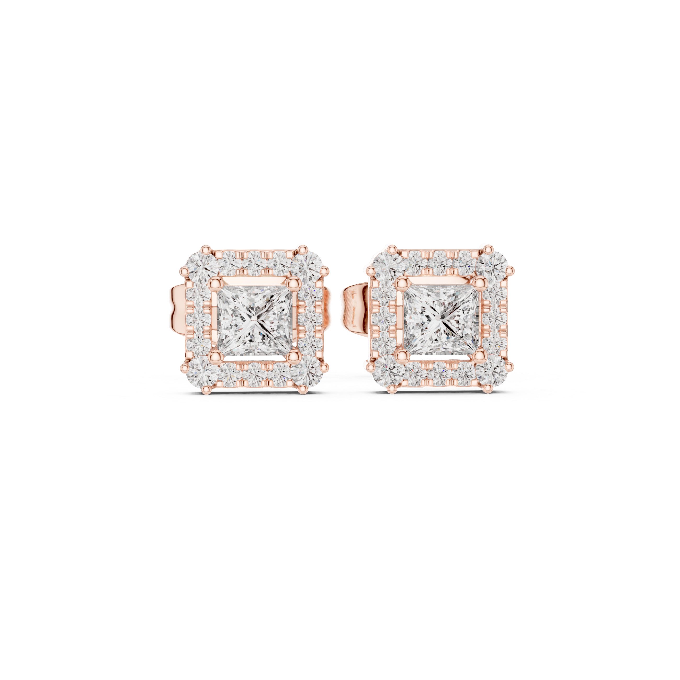 Princess Cut Halo Diamond Stud Earrings in Square Frame