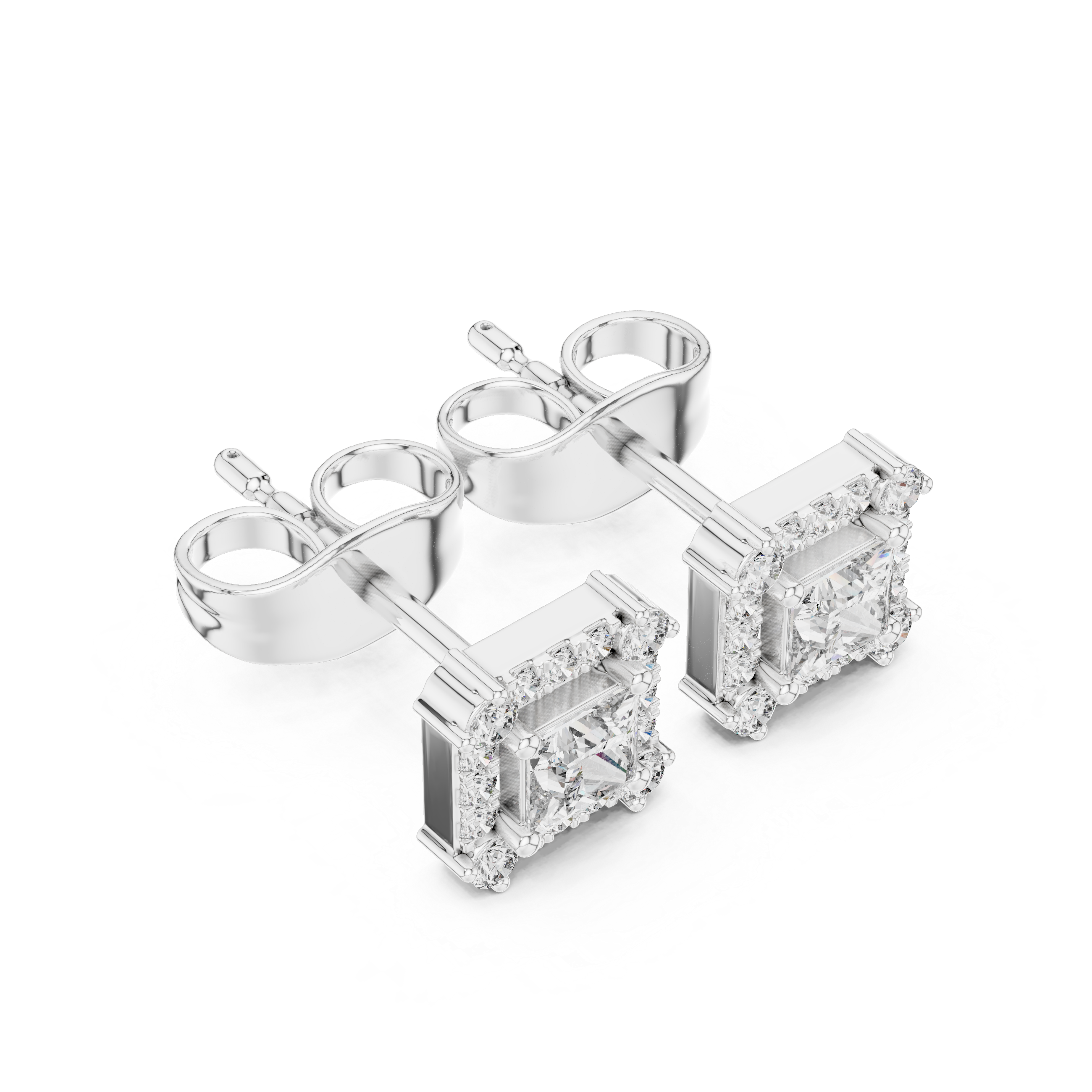 Princess Cut Halo Diamond Stud Earrings in Square Frame