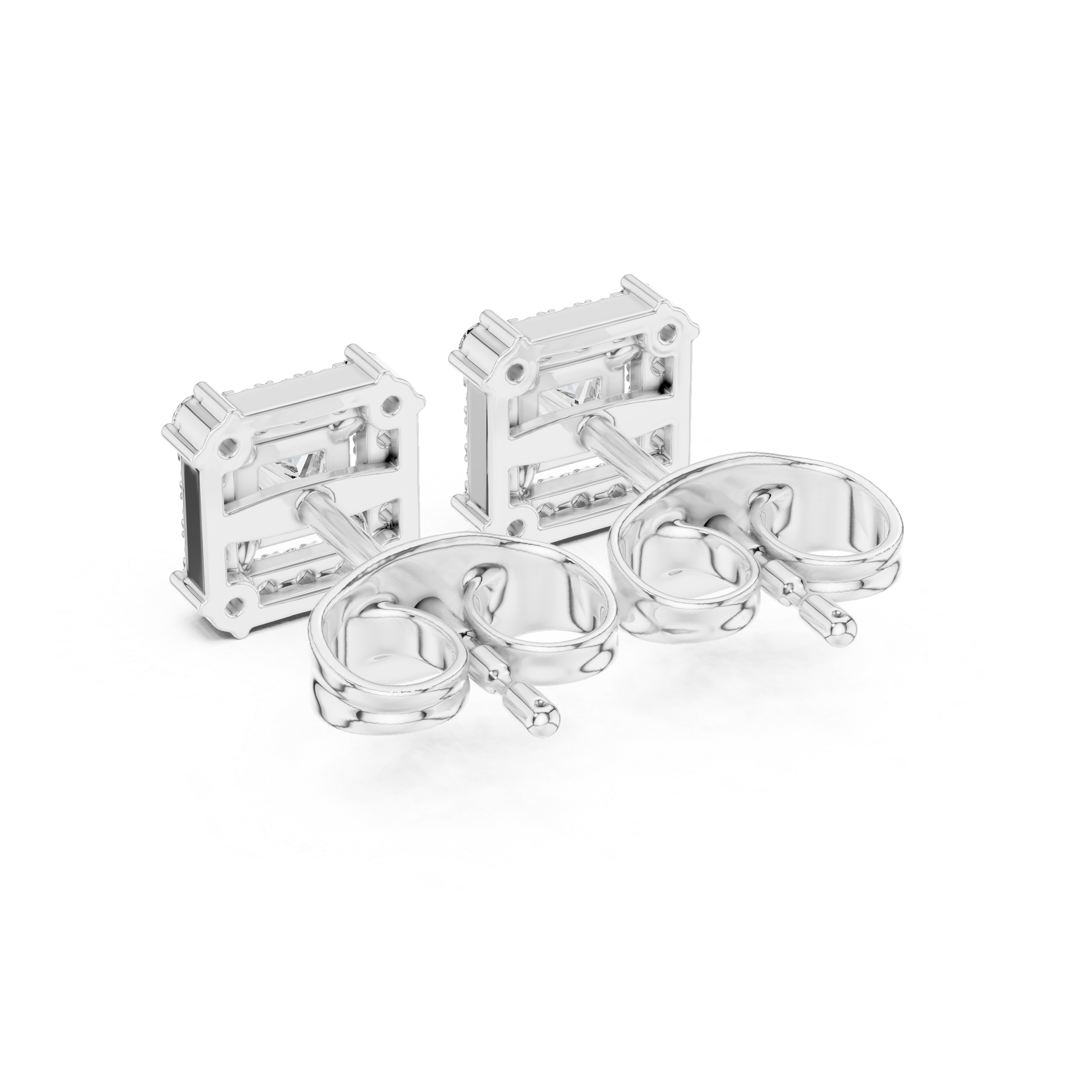 Princess Cut Halo Diamond Stud Earrings in Square Frame