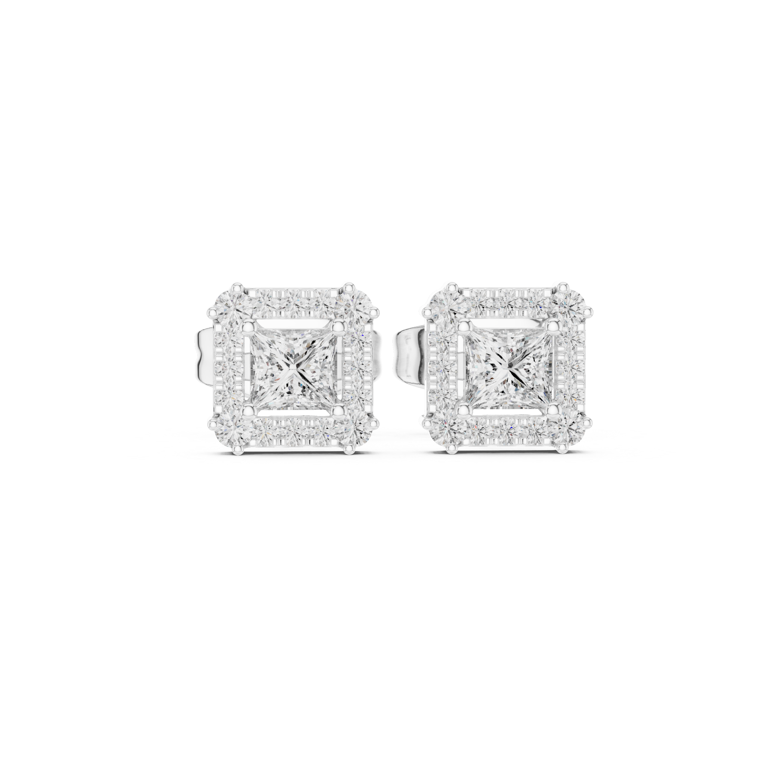Princess Cut Halo Diamond Stud Earrings in Square Frame