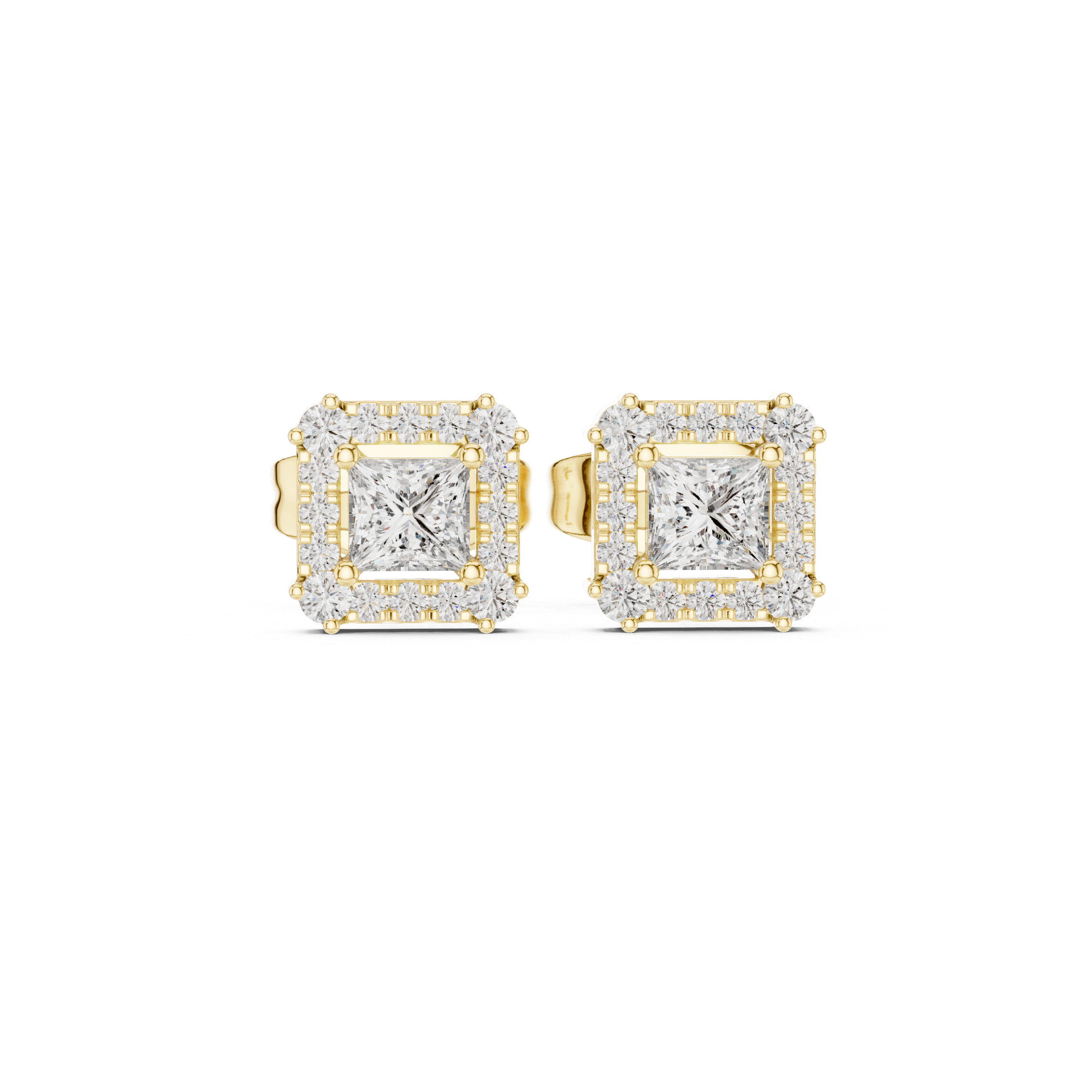 Princess Cut Halo Diamond Stud Earrings in Square Frame