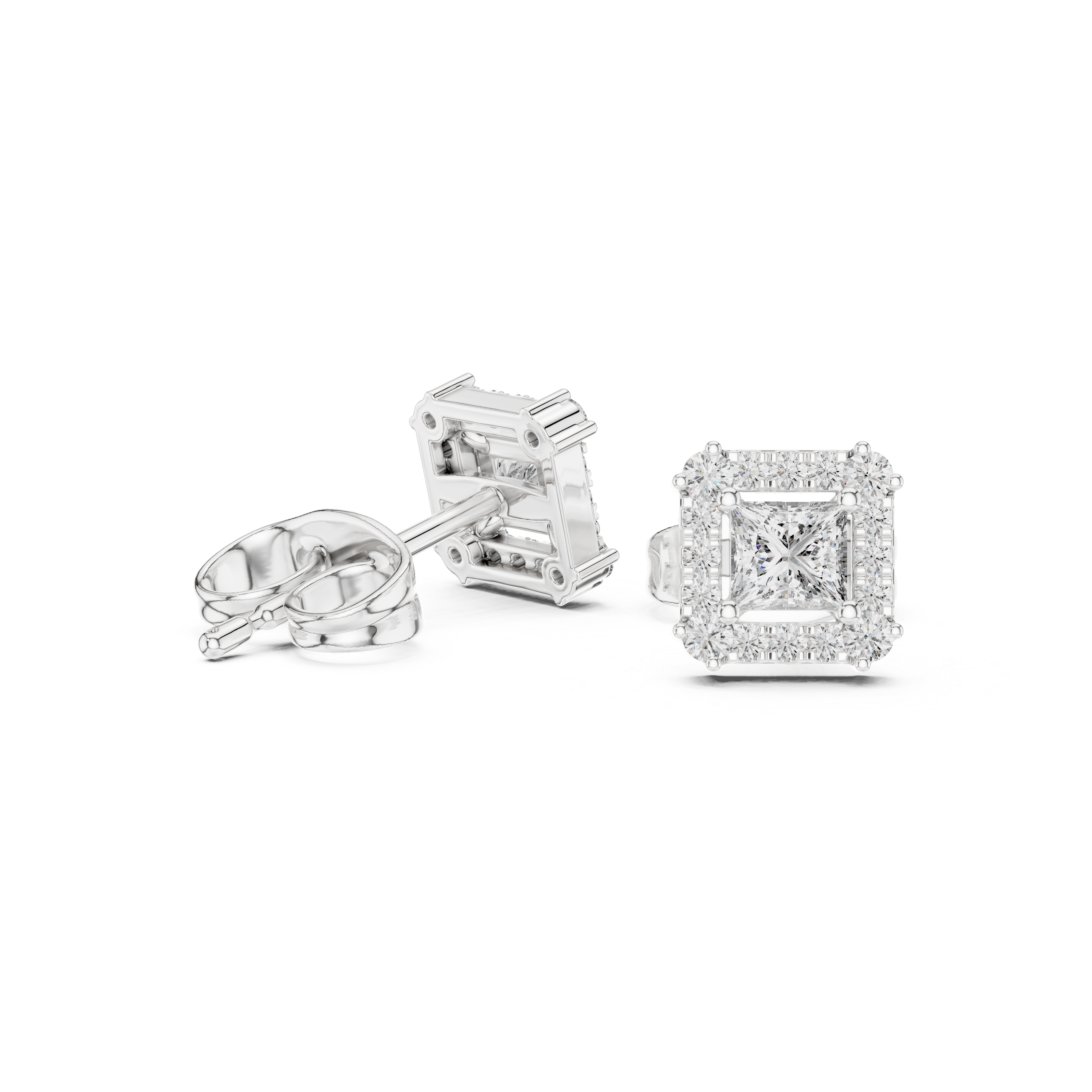 Princess Cut Halo Diamond Stud Earrings in Square Frame