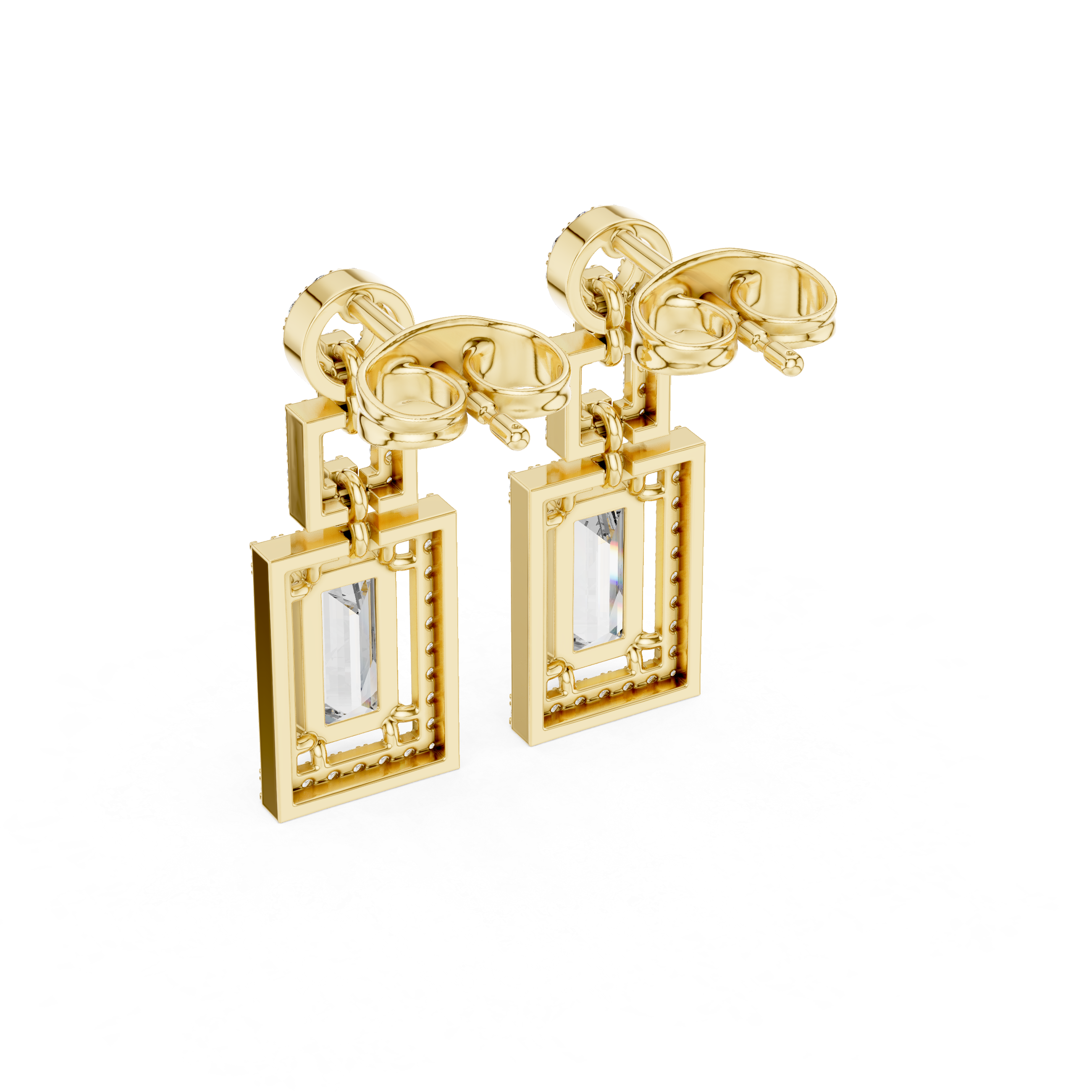 Geometric Halo Emerald Cut Diamond Drop Earrings