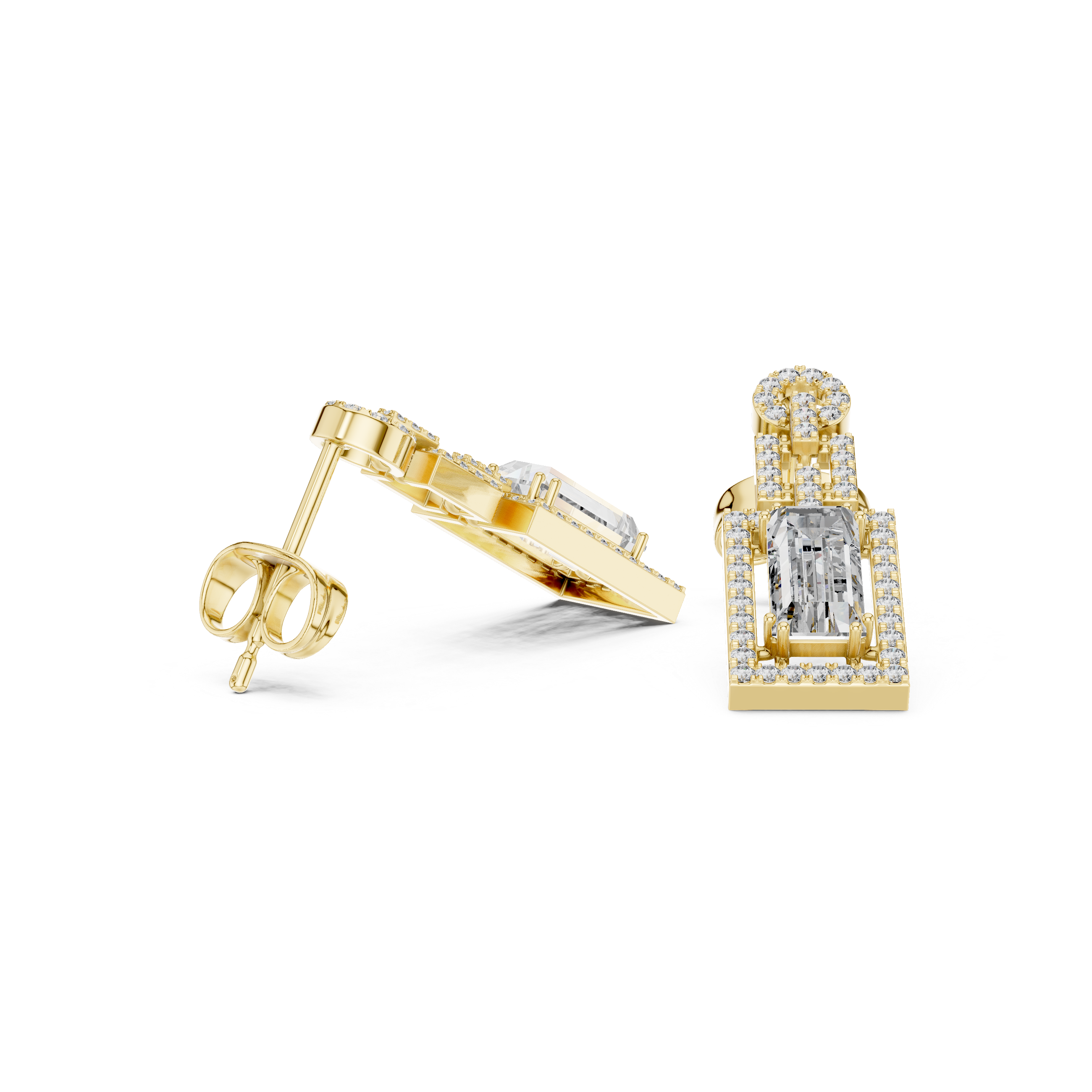 Geometric Halo Emerald Cut Diamond Drop Earrings