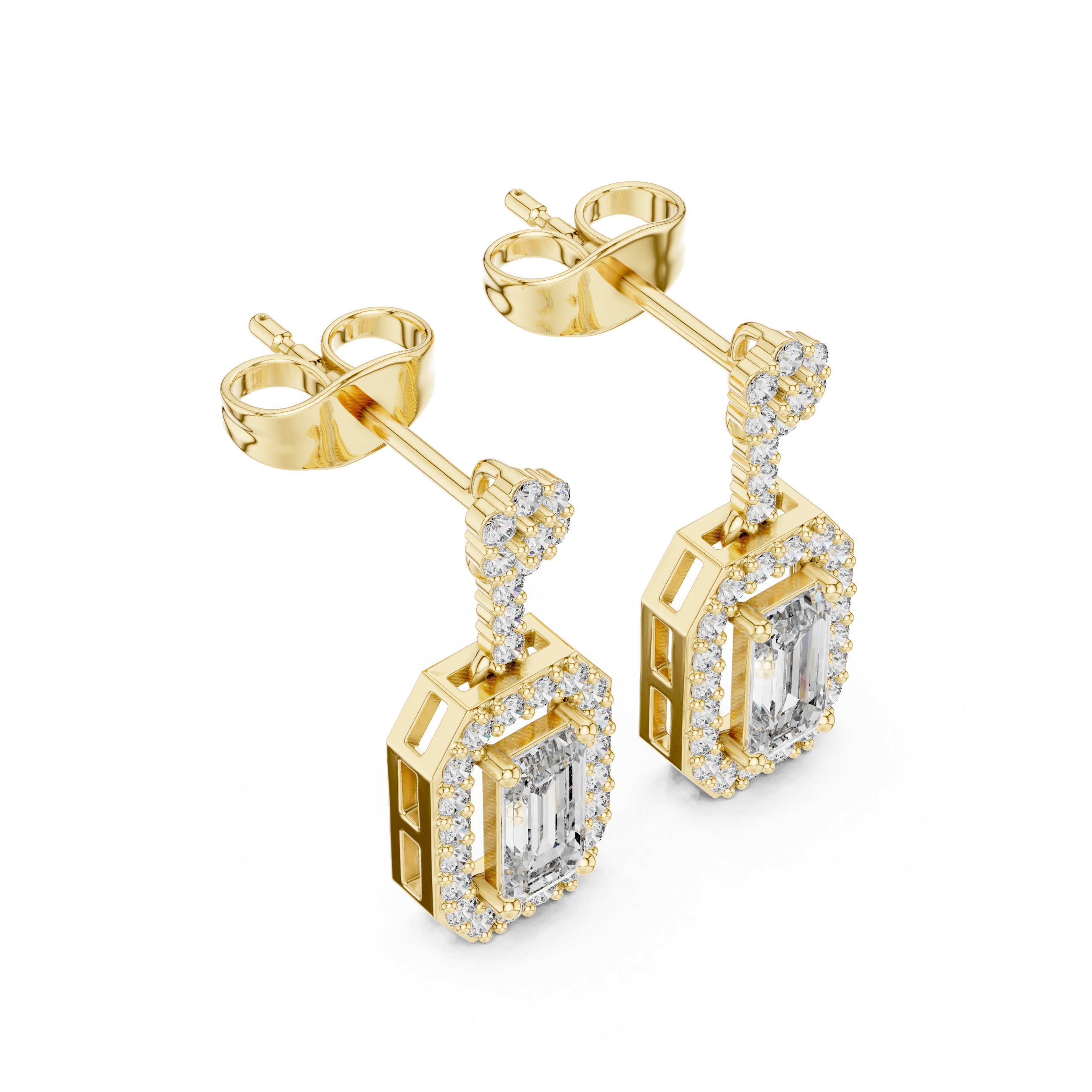 Emerald Cut Halo Drop Earrings with Pavé Diamond Top