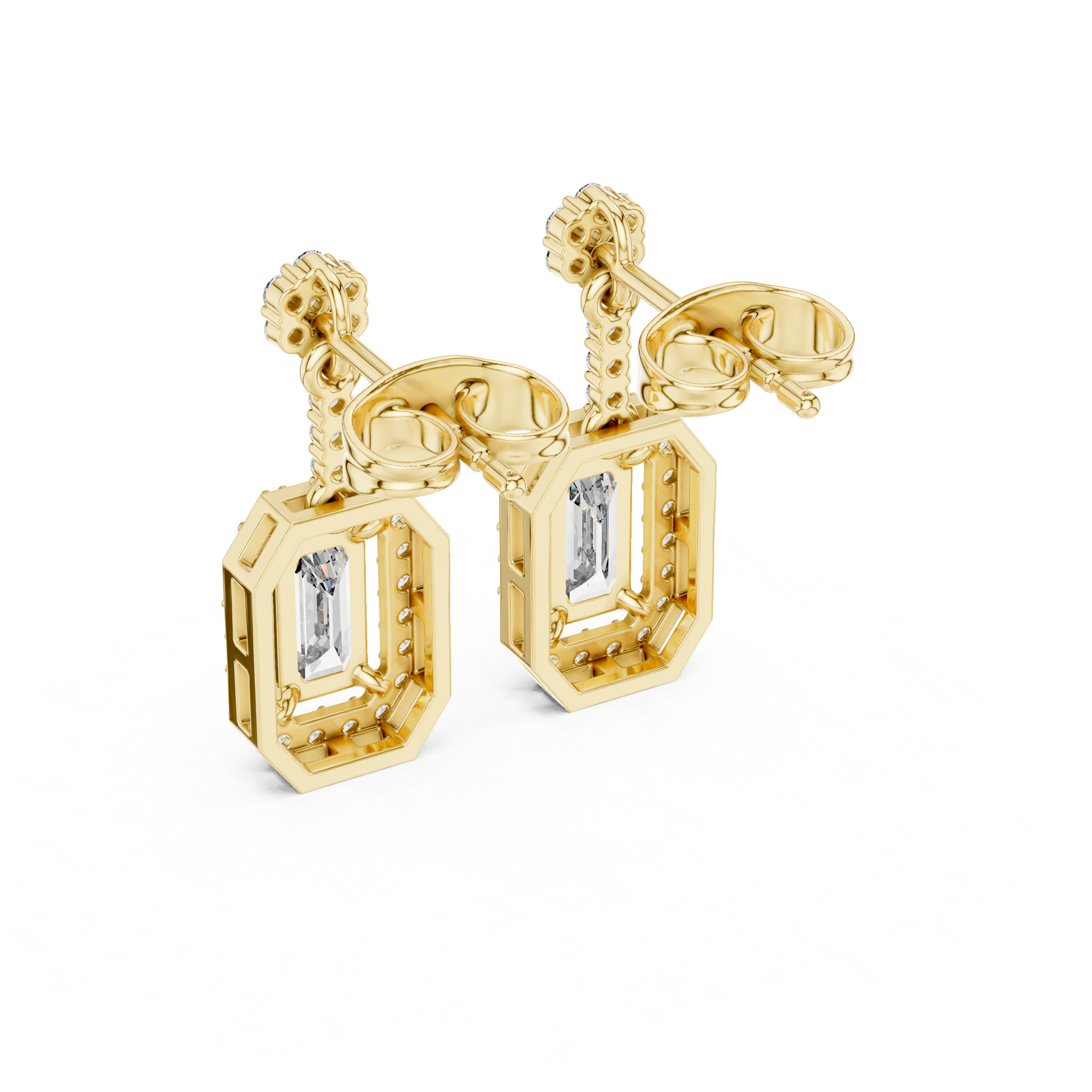 Emerald Cut Halo Drop Earrings with Pavé Diamond Top