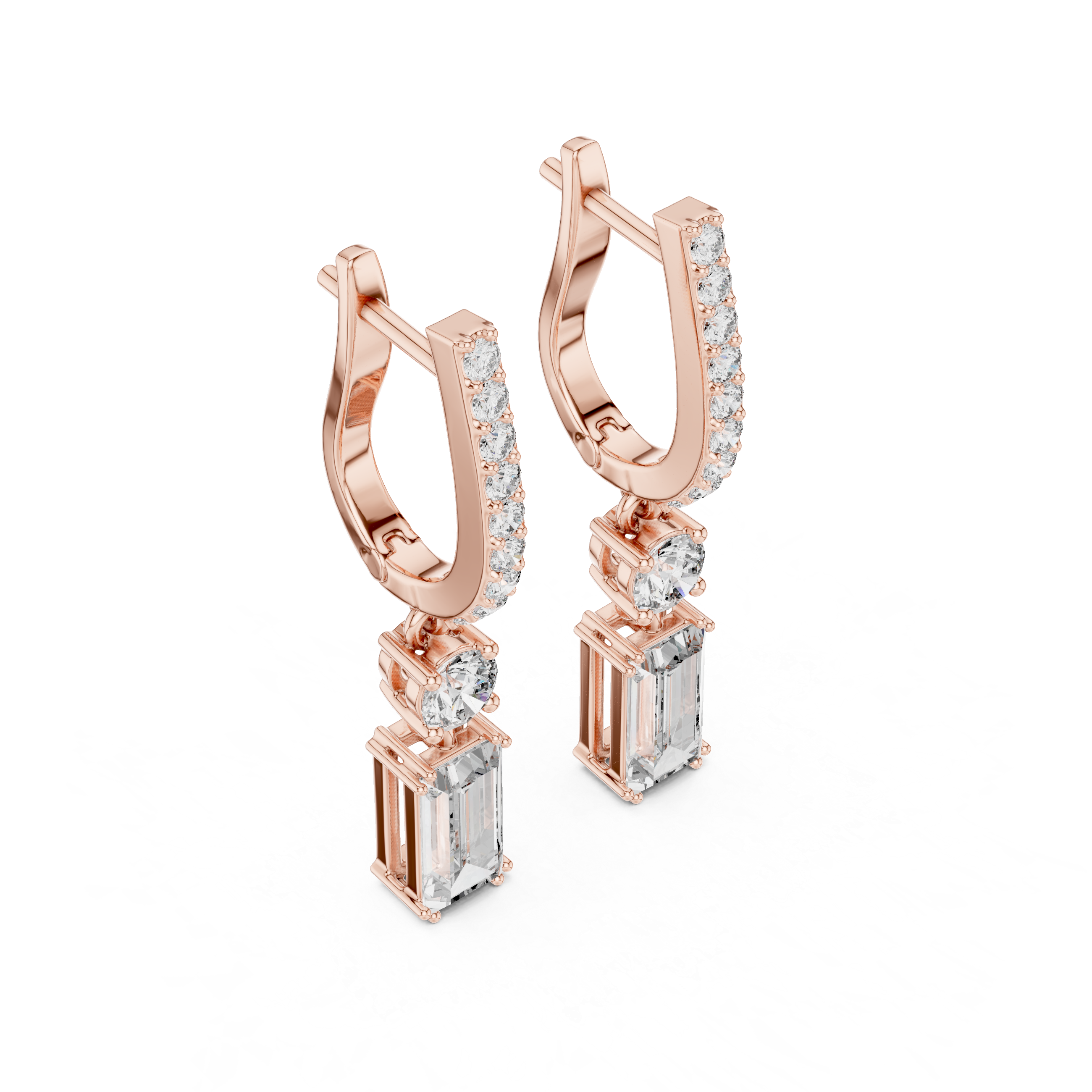 Emerald Cut Drop Earrings with Pavé Bar and Round Diamond Connector