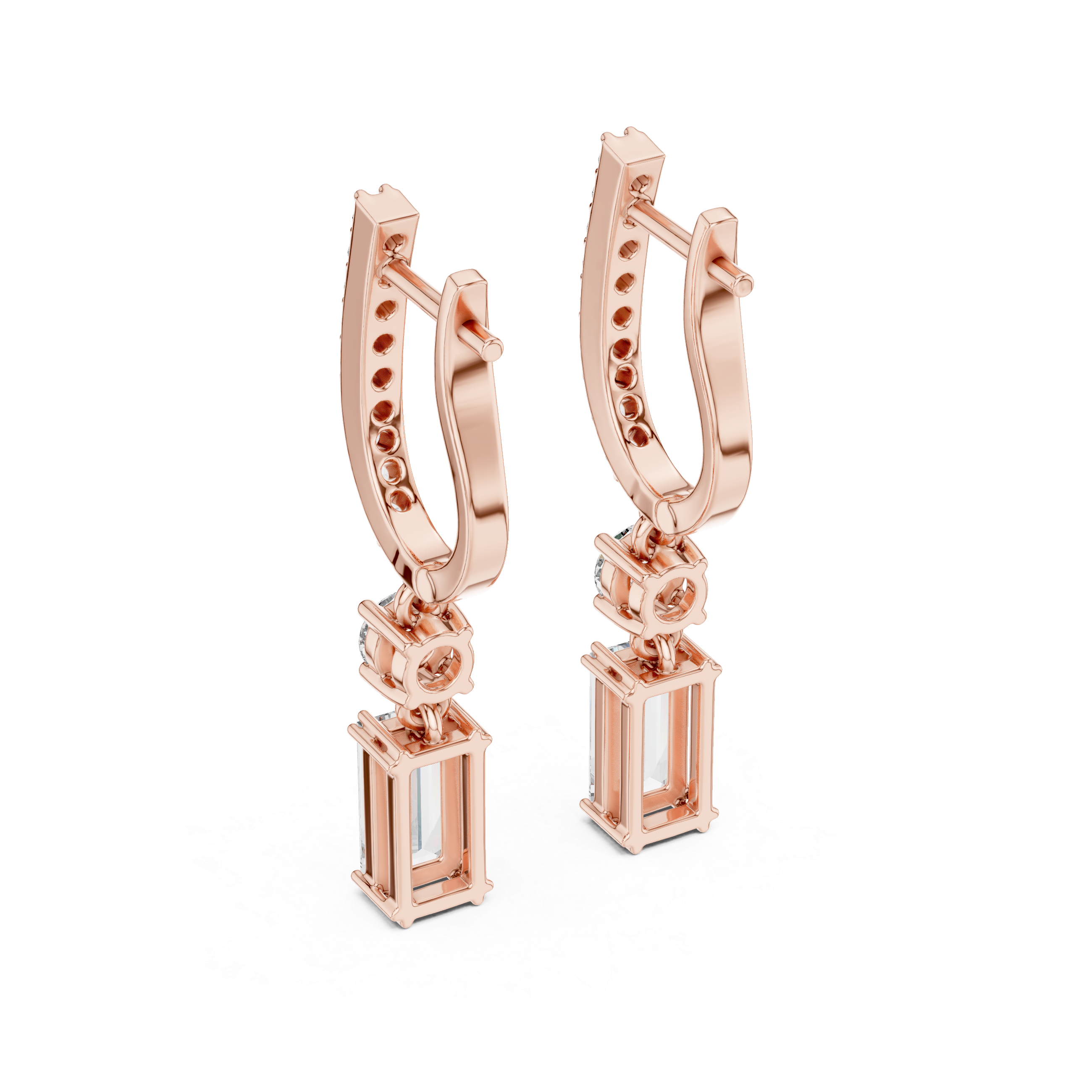 Emerald Cut Drop Earrings with Pavé Bar and Round Diamond Connector