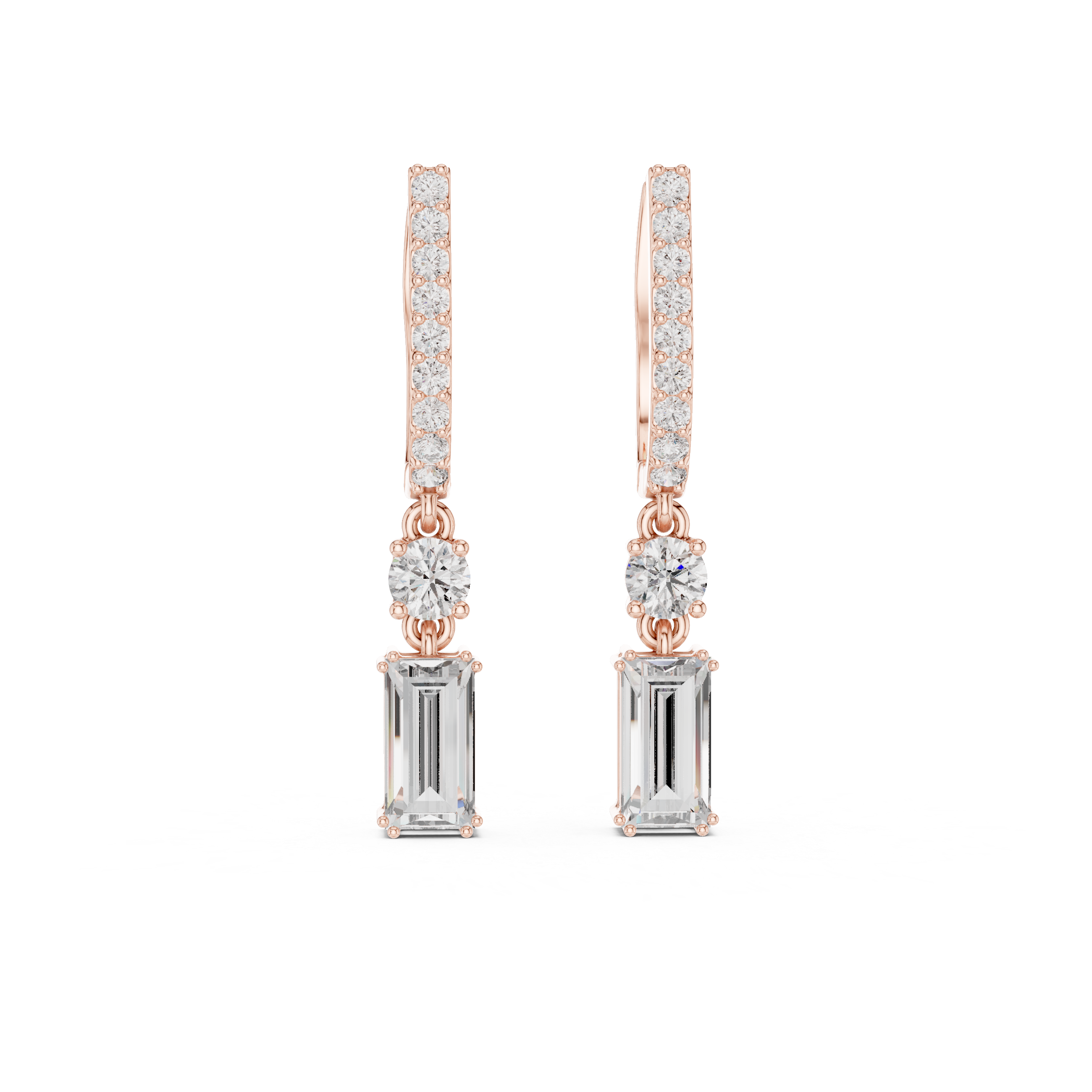 Emerald Cut Drop Earrings with Pavé Bar and Round Diamond Connector