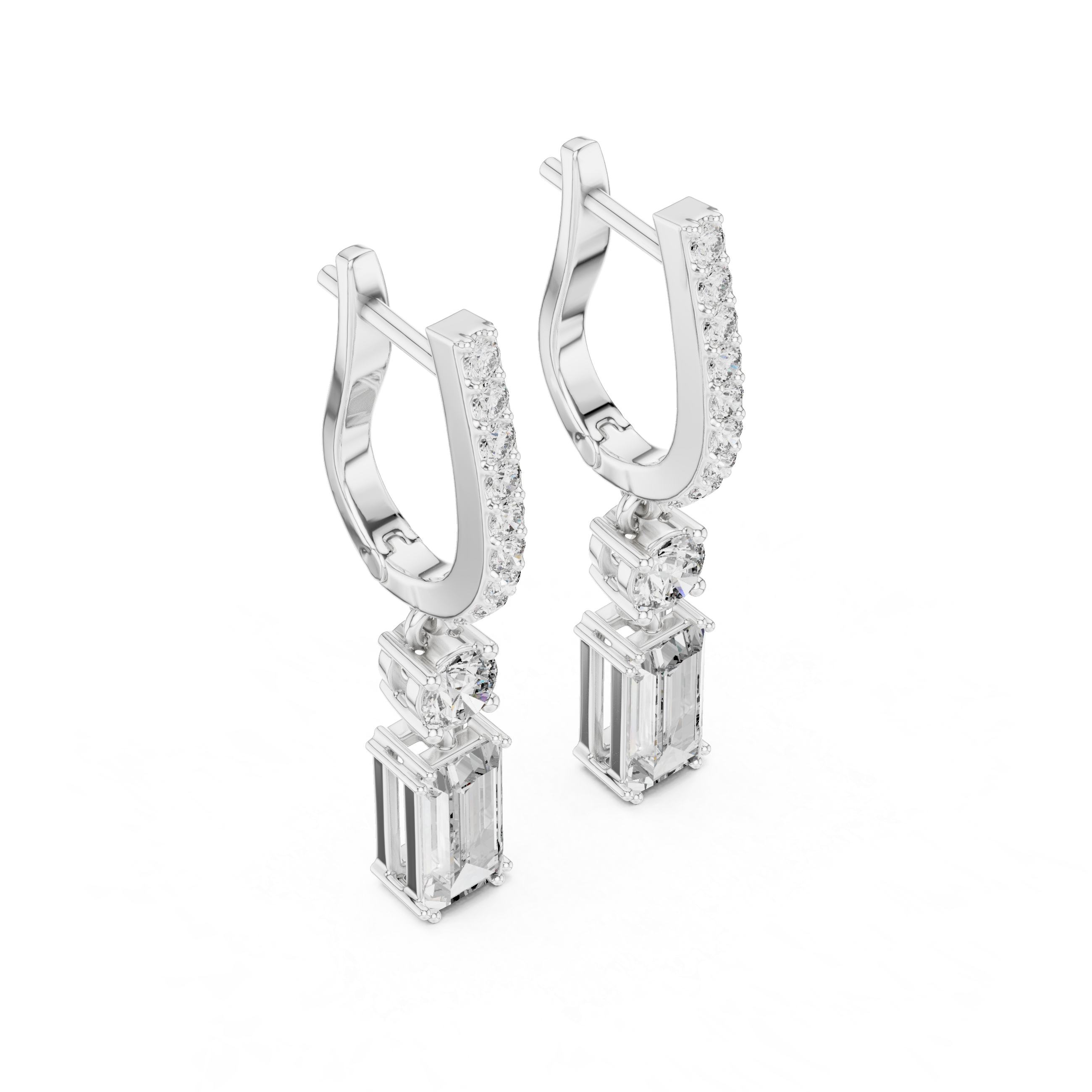 Emerald Cut Drop Earrings with Pavé Bar and Round Diamond Connector