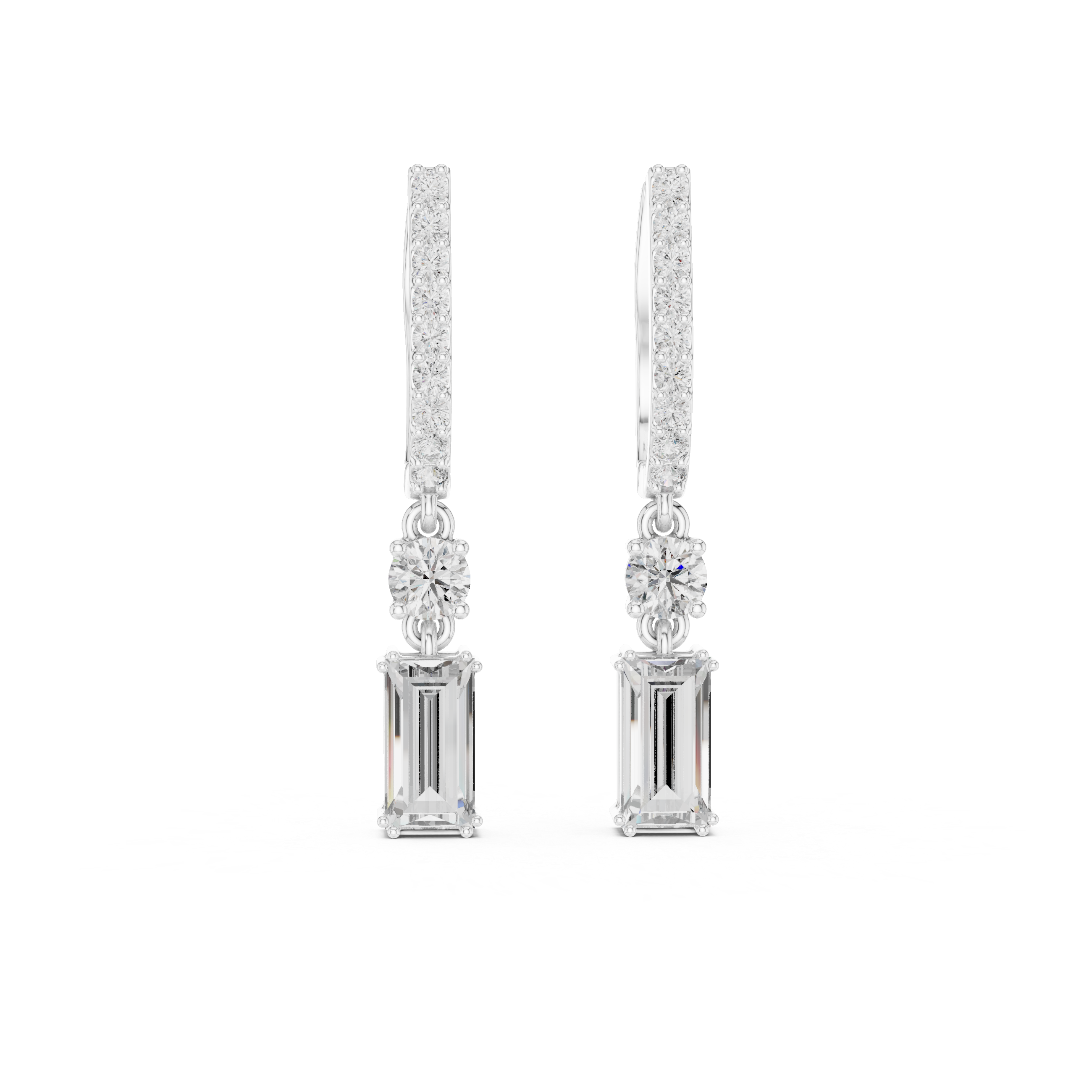Emerald Cut Drop Earrings with Pavé Bar and Round Diamond Connector