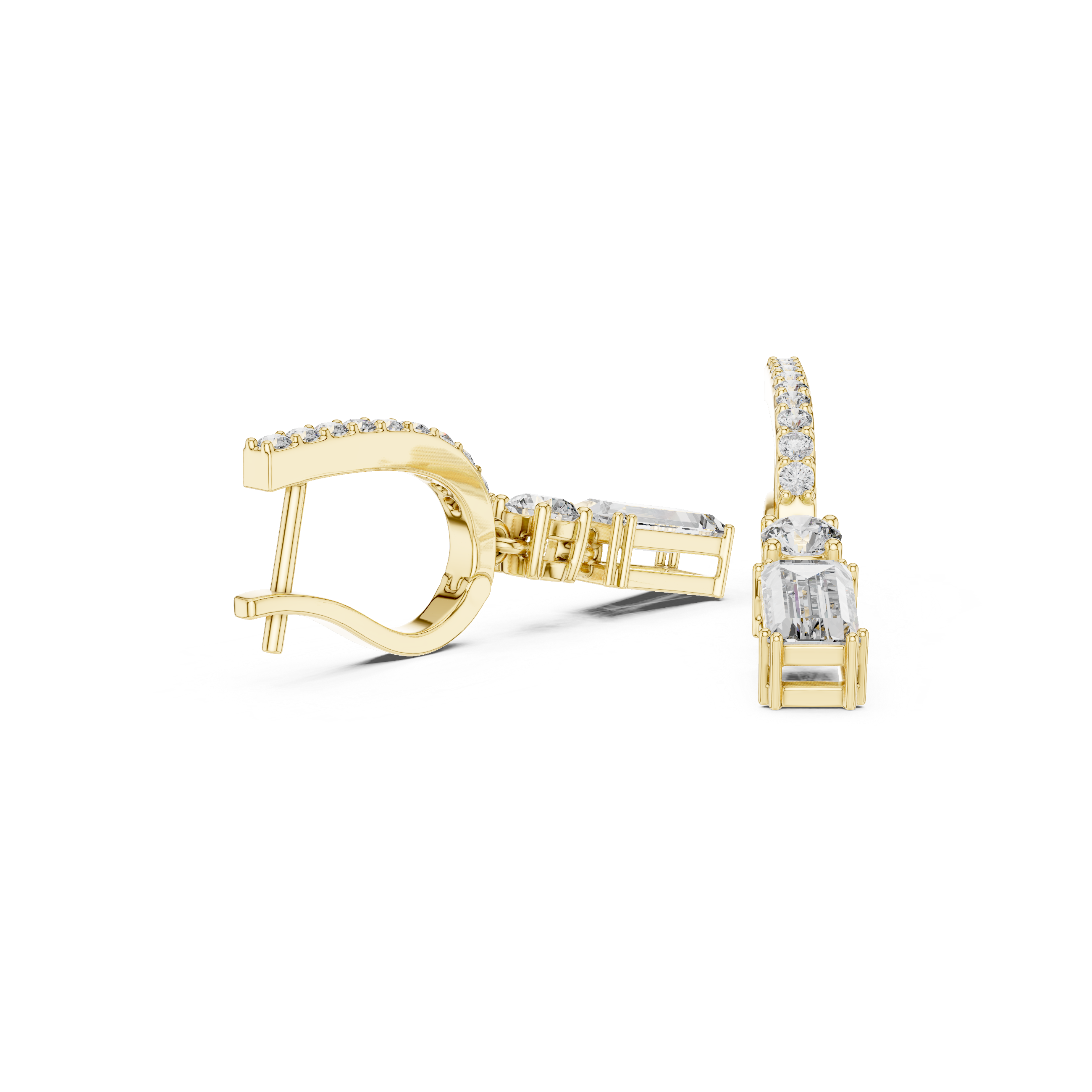 Emerald Cut Drop Earrings with Pavé Bar and Round Diamond Connector