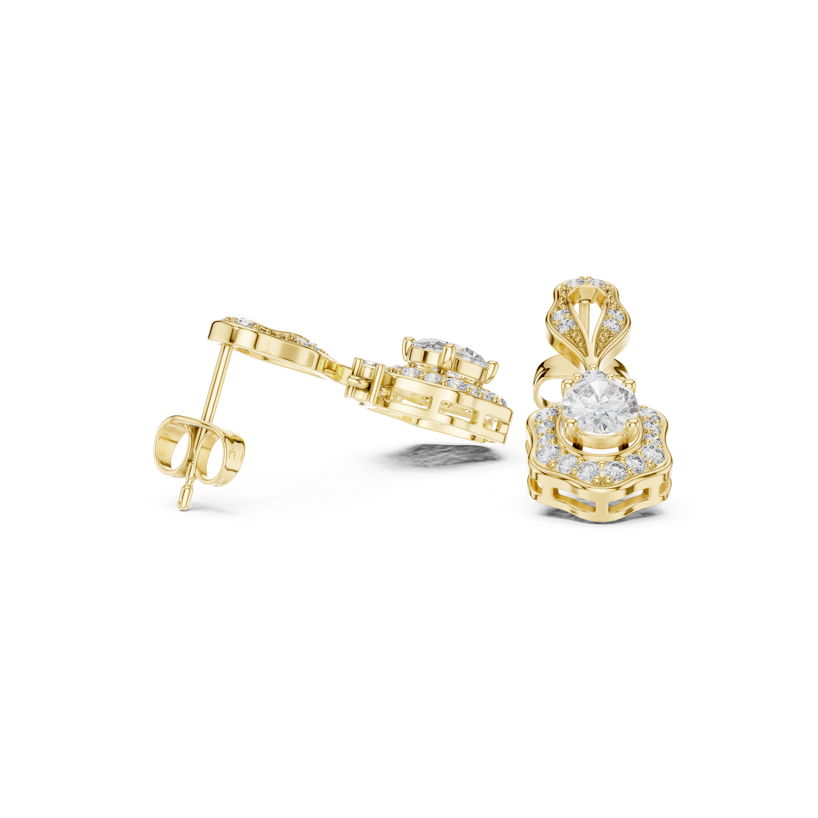 Vintage Oval Halo Drop Earrings with Pavé Diamond Accents
