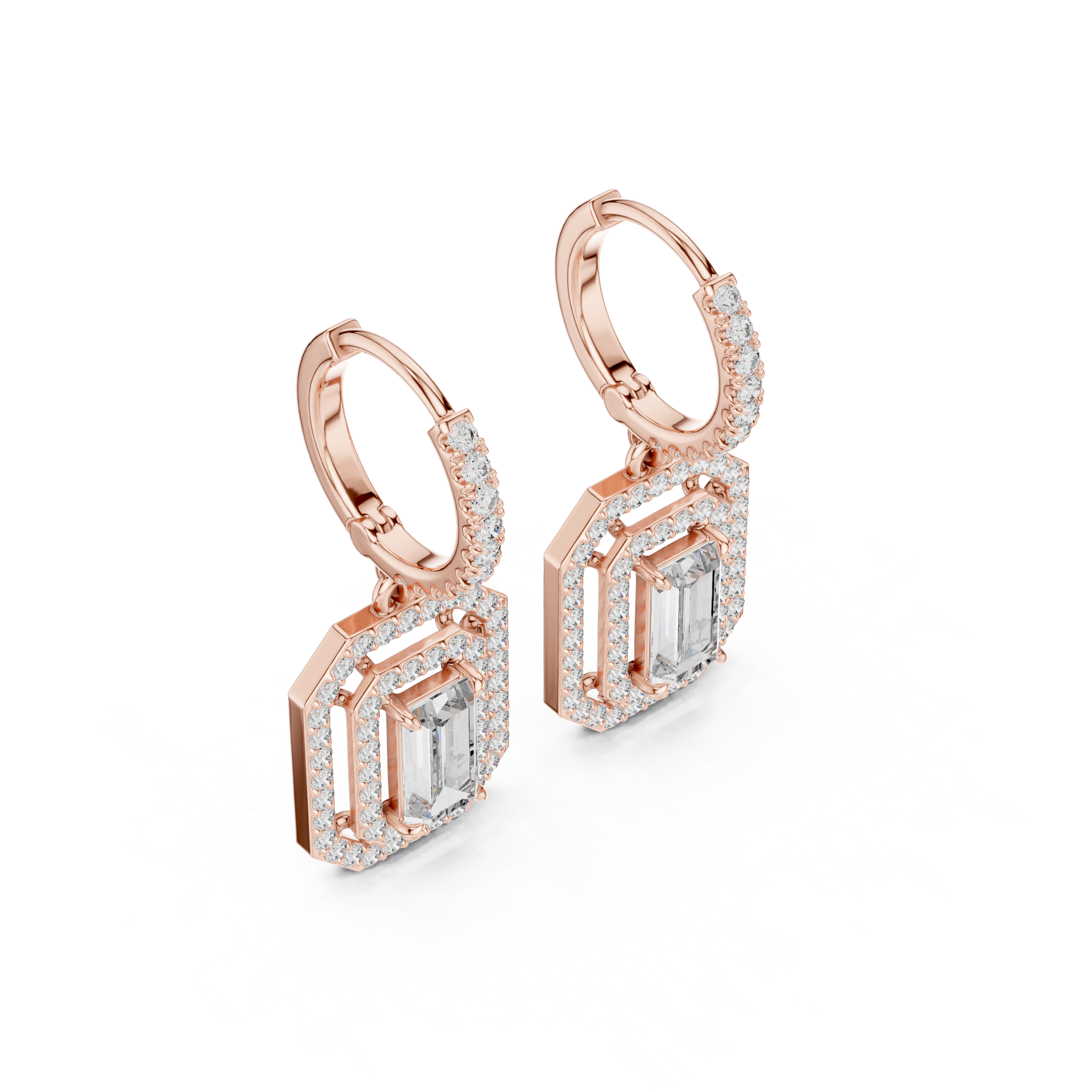 Emerald Cut Halo Drop Hoop Earrings
