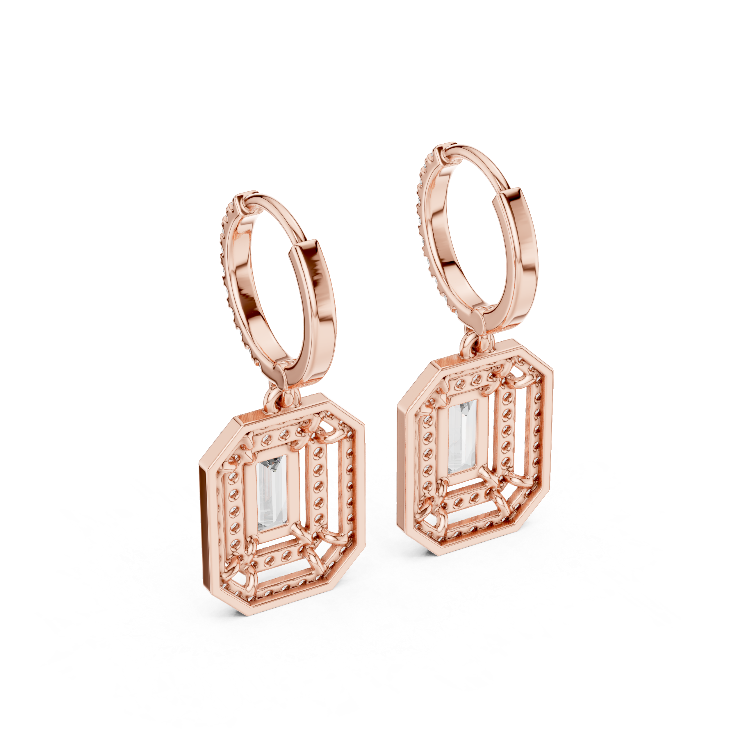 Emerald Cut Halo Drop Hoop Earrings