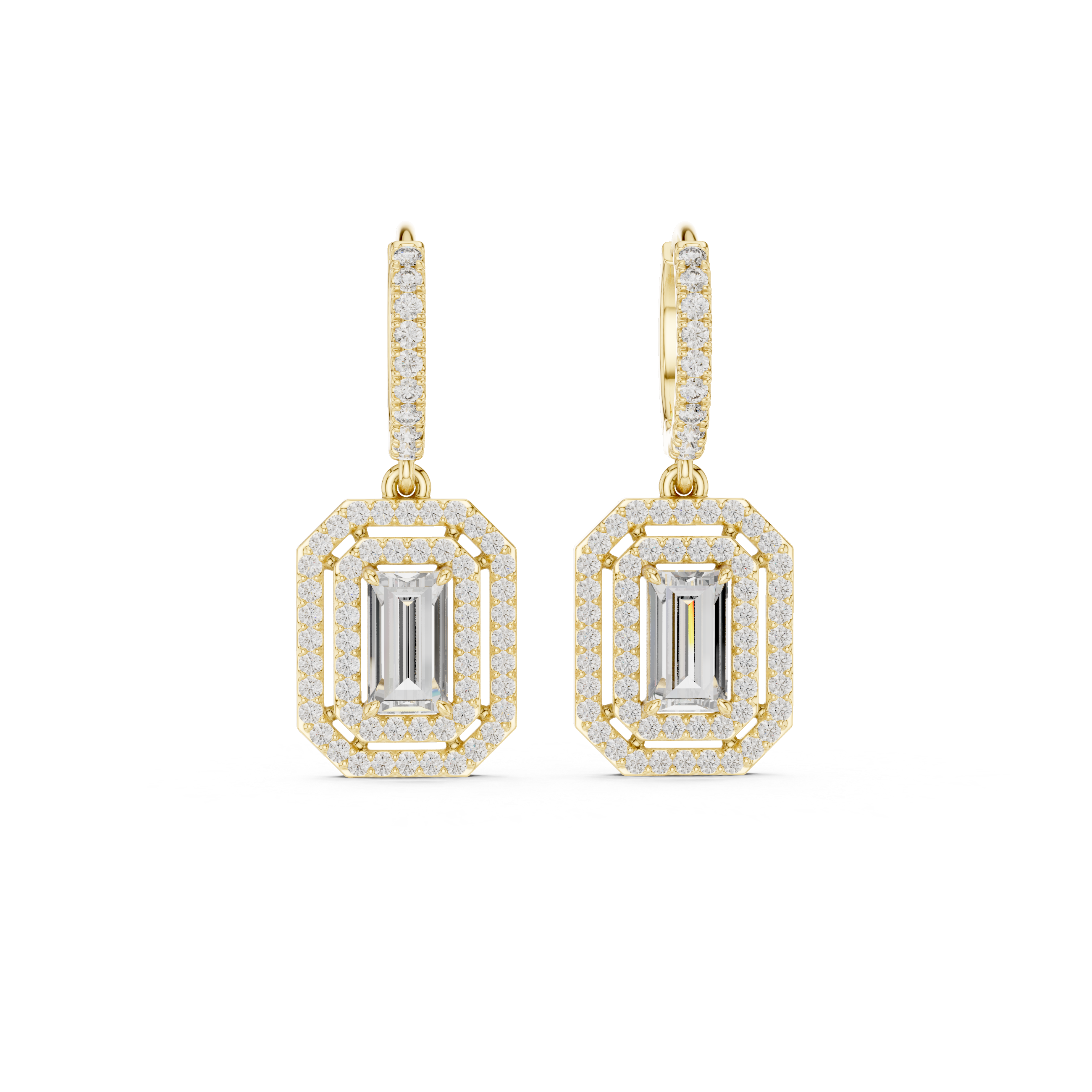Emerald Cut Halo Drop Hoop Earrings