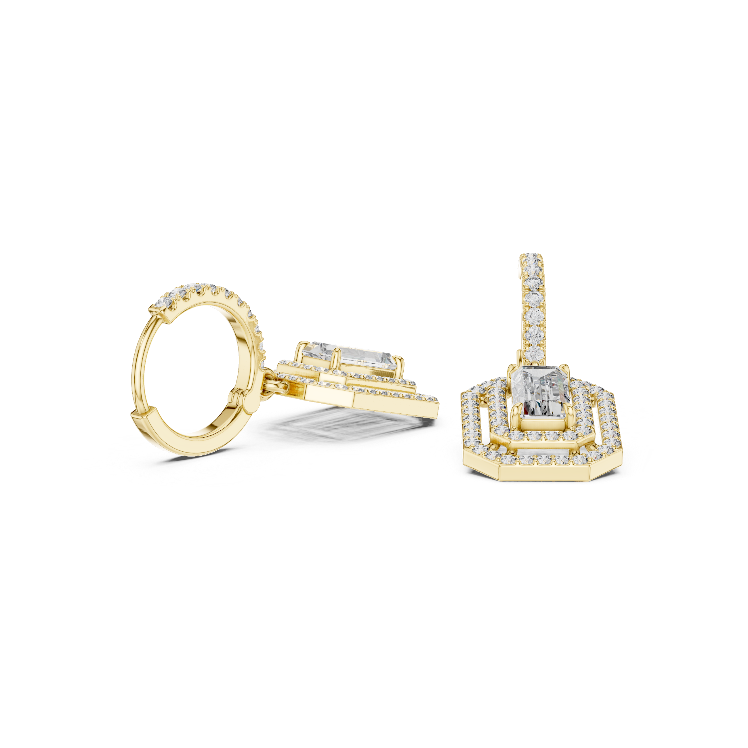 Emerald Cut Halo Drop Hoop Earrings