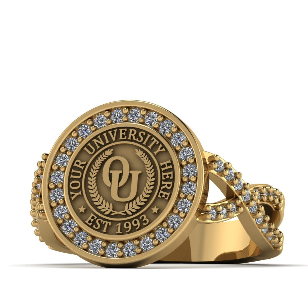 Gold ring with a university emblem and 'OU' initials on a white background