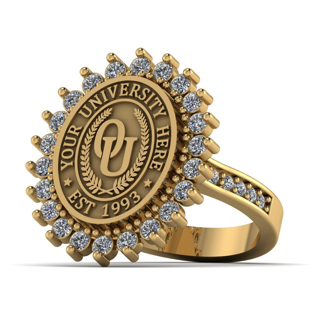 Gold ring with a university emblem and 'Your University Here' text on a white background
