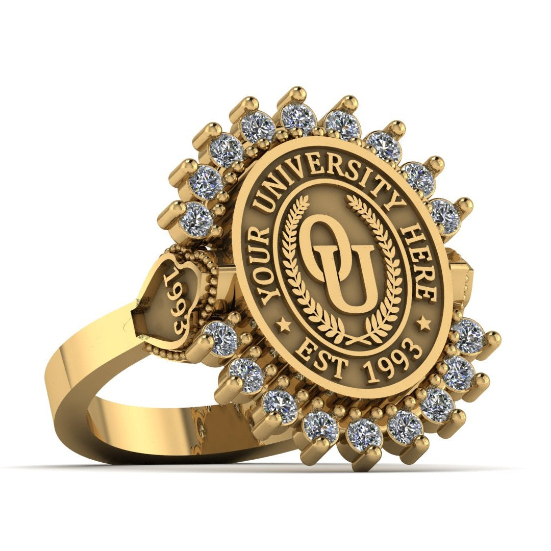 Gold ring with university emblem and 'OU' initials on a white background