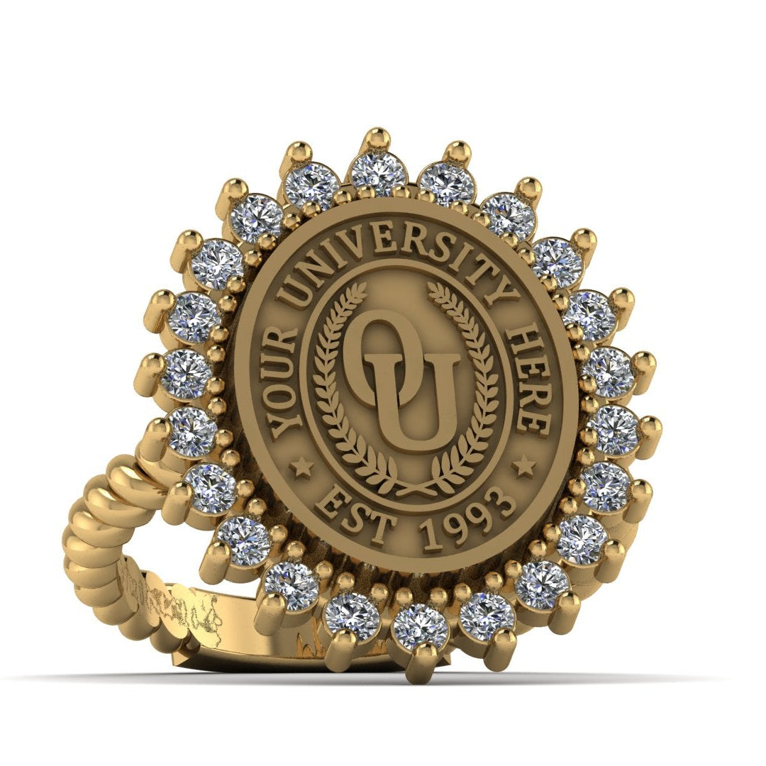 Gold ring with a customizable university seal design on a white background