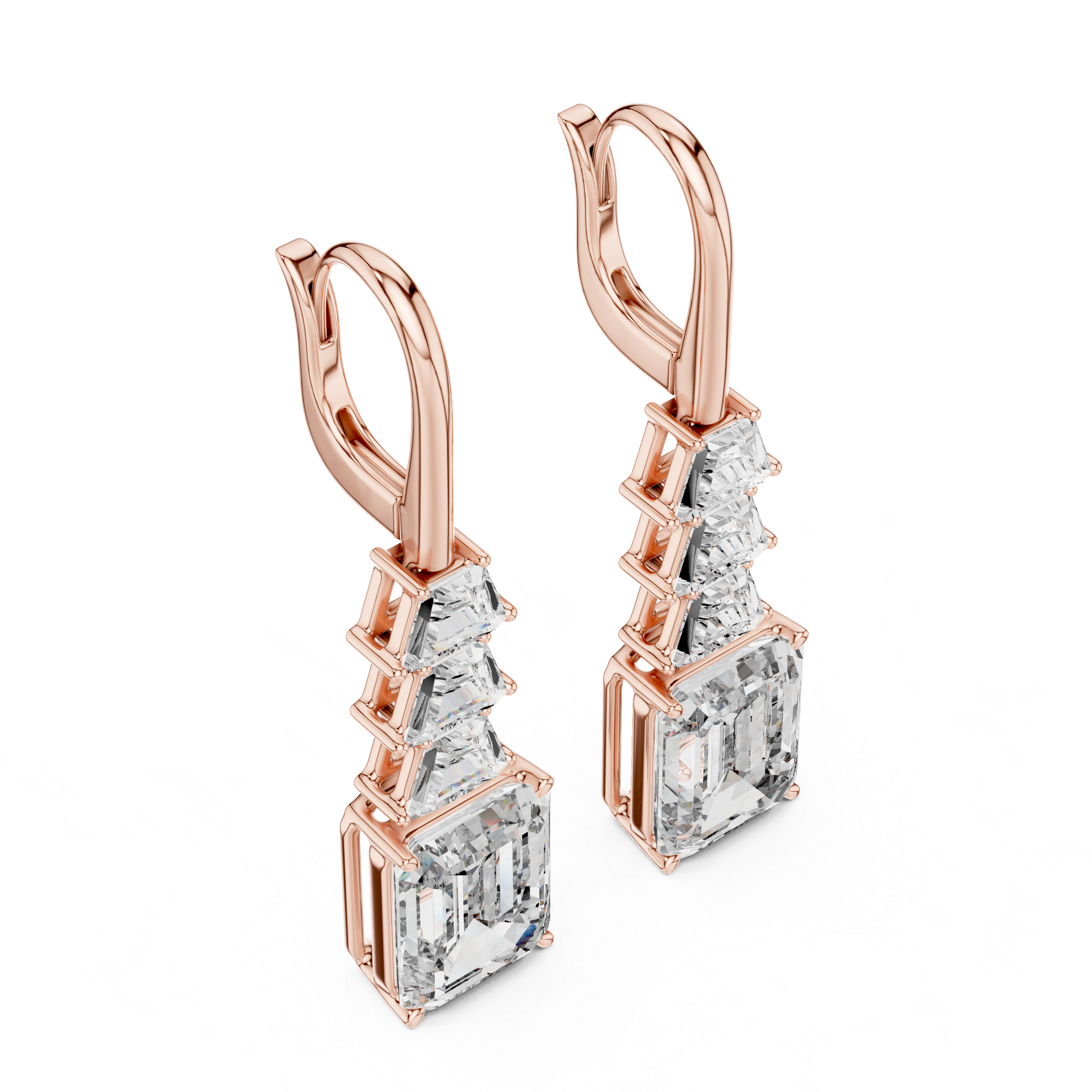 Emerald Cut Diamond Drop Earrings with Trapezoid Accents