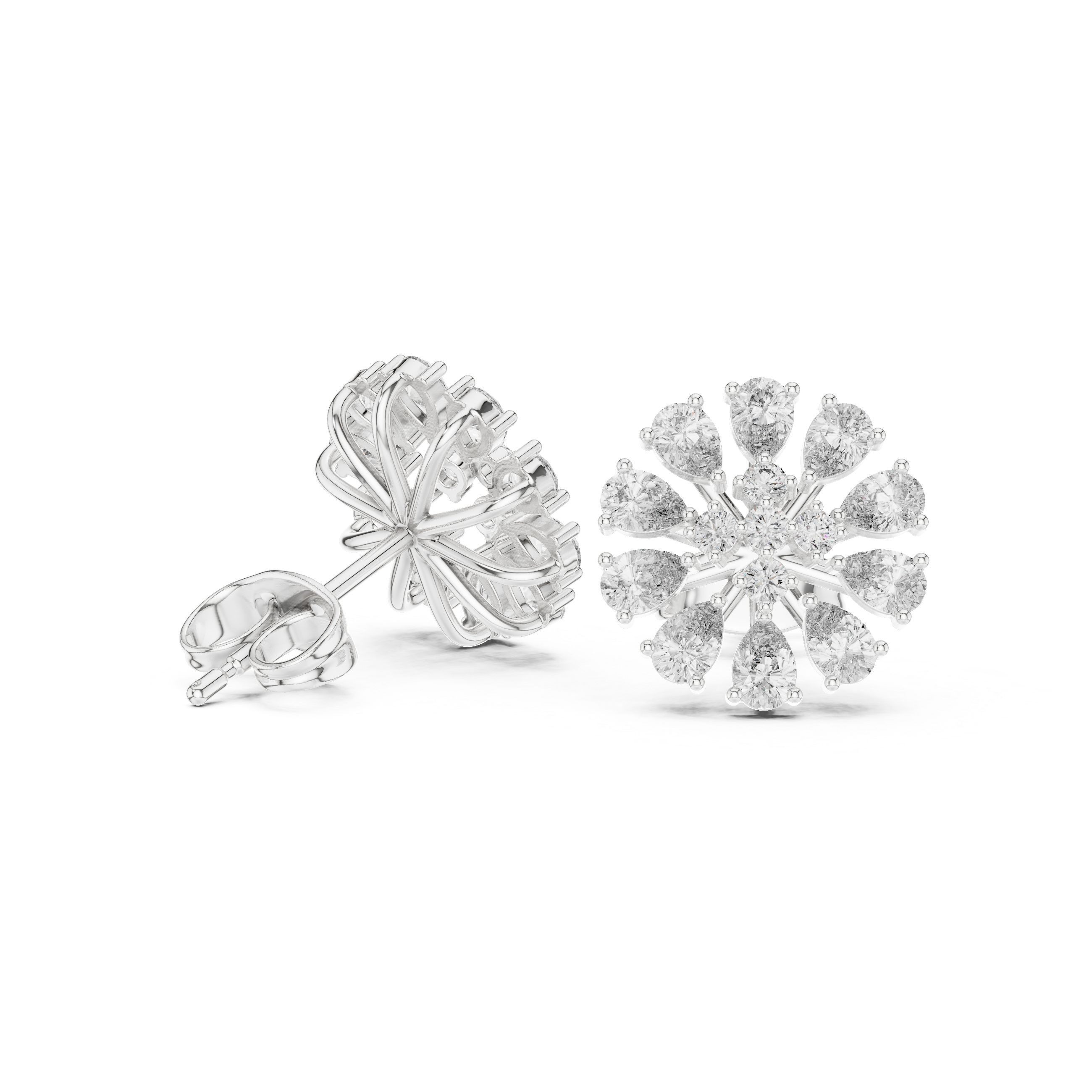 Radiant Floral Diamond Stud Earrings with Pear Cut Halo