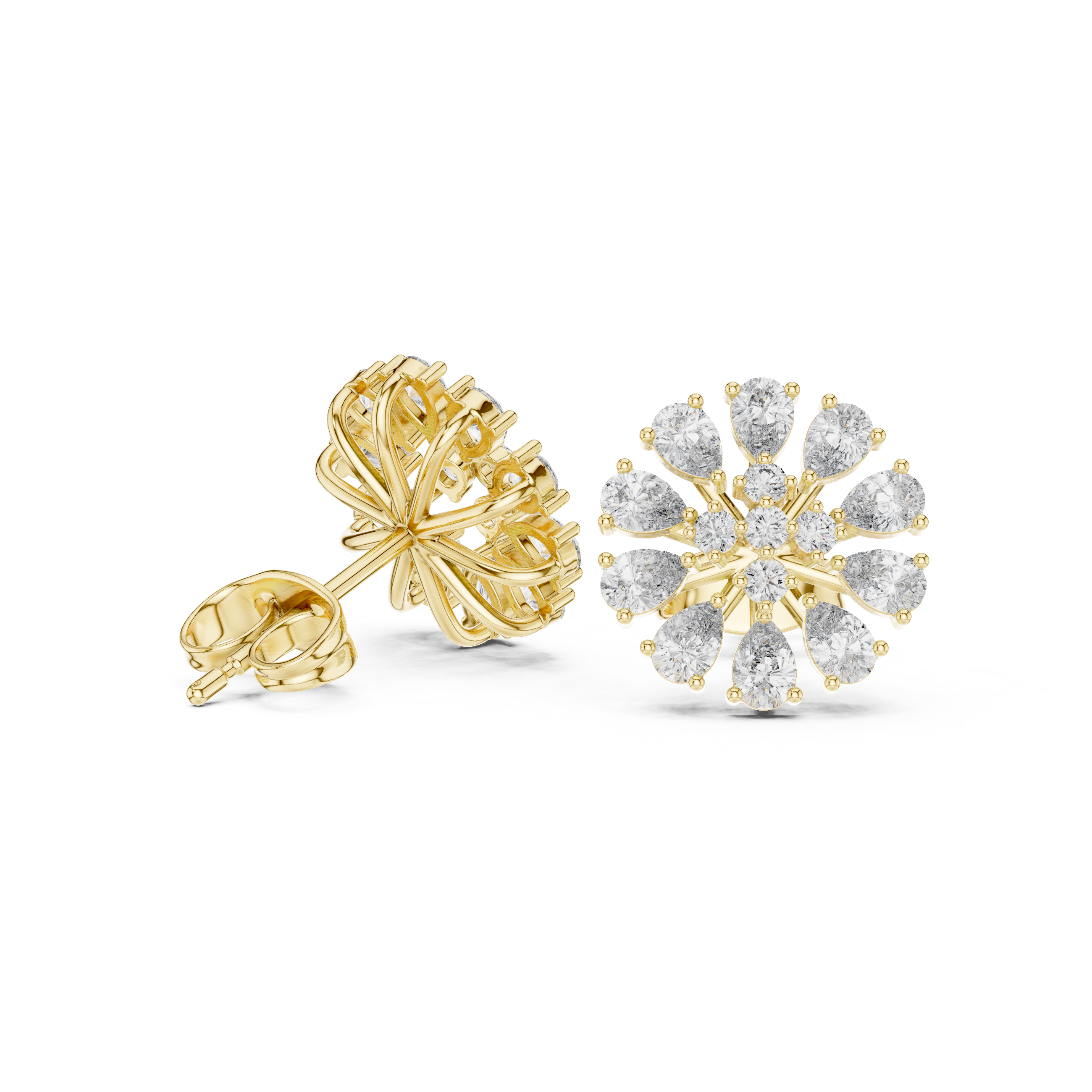 Radiant Floral Diamond Stud Earrings with Pear Cut Halo
