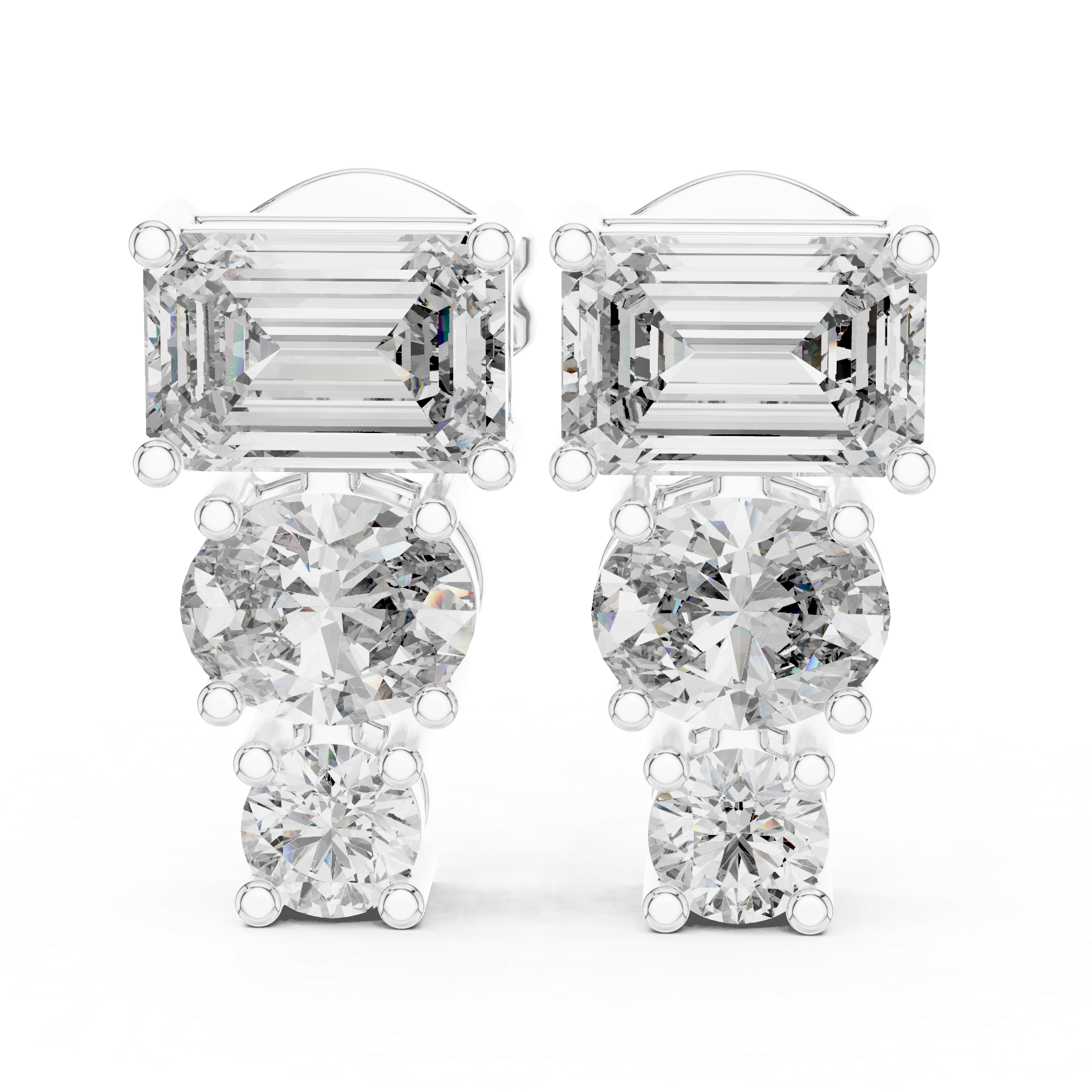 Emerald Cut & Round Diamond Drop Earrings in Gold