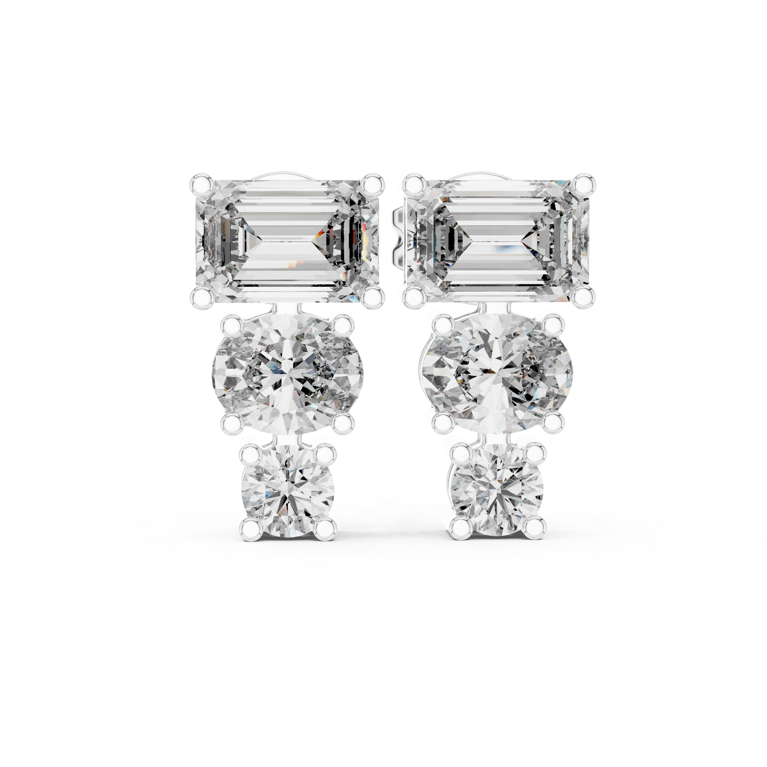 Emerald Cut & Round Diamond Drop Earrings in Gold