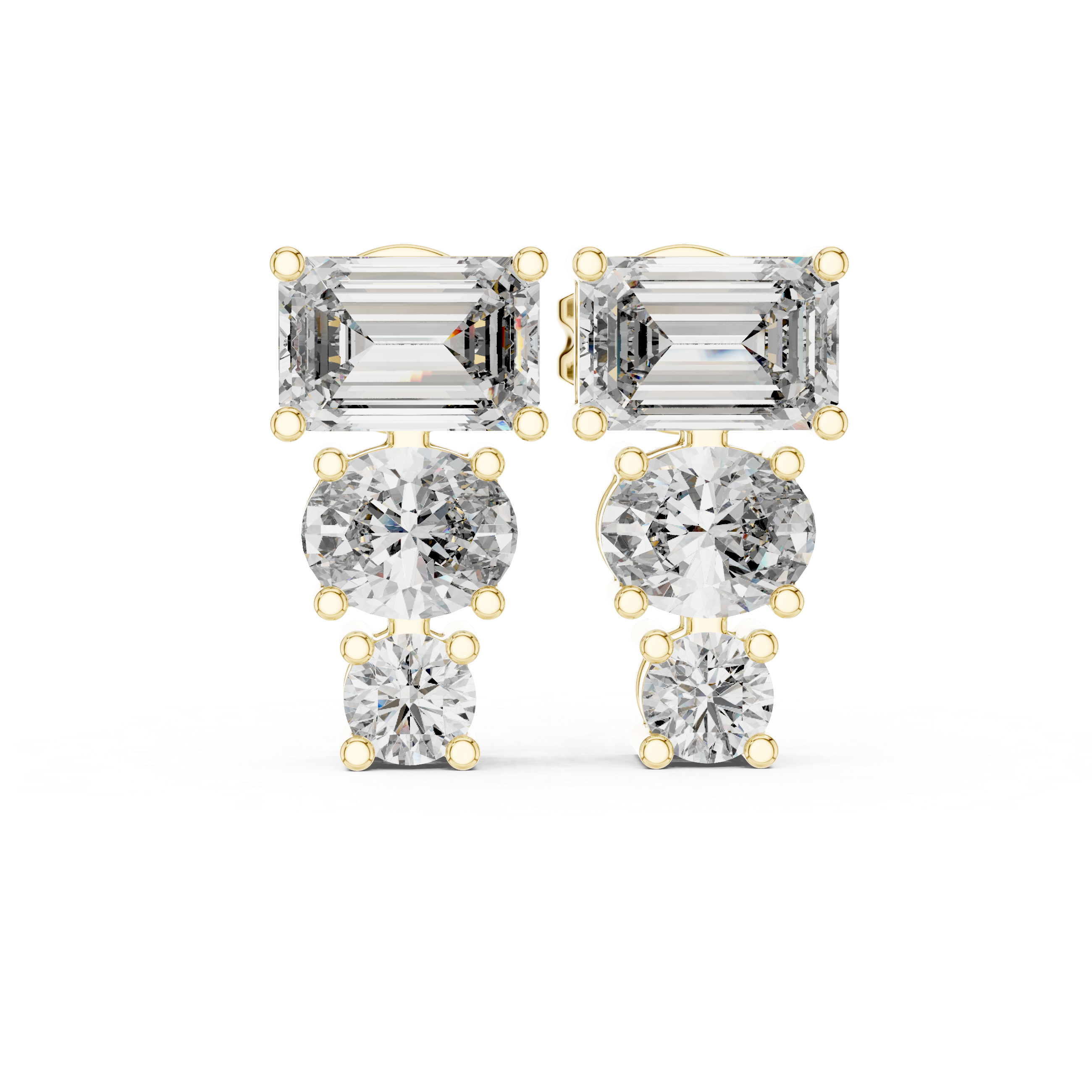 Emerald Cut & Round Diamond Drop Earrings in Gold