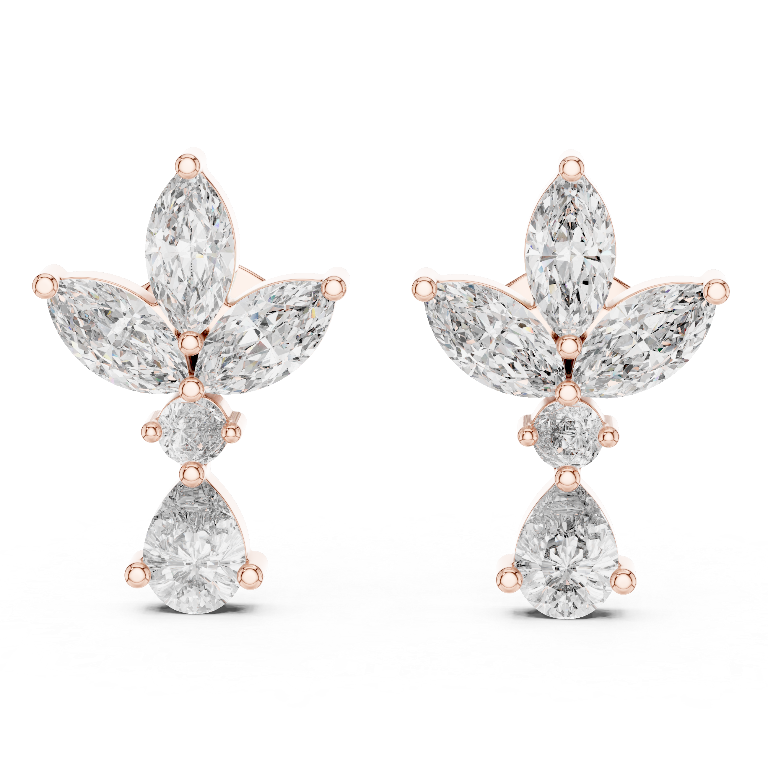 Marquise & Pear Diamond Floral Drop Earrings in Gold
