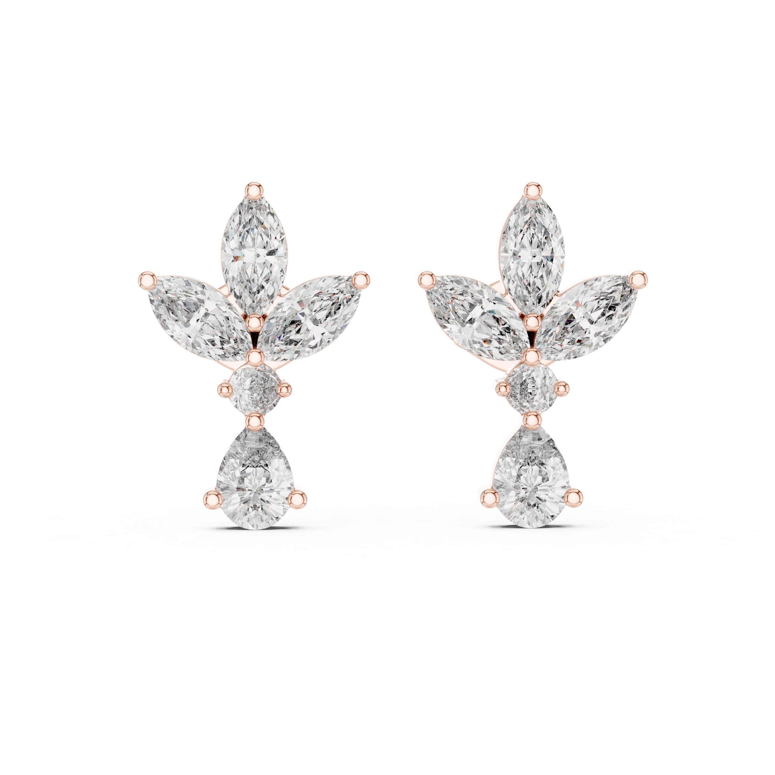 Marquise & Pear Diamond Floral Drop Earrings in Gold