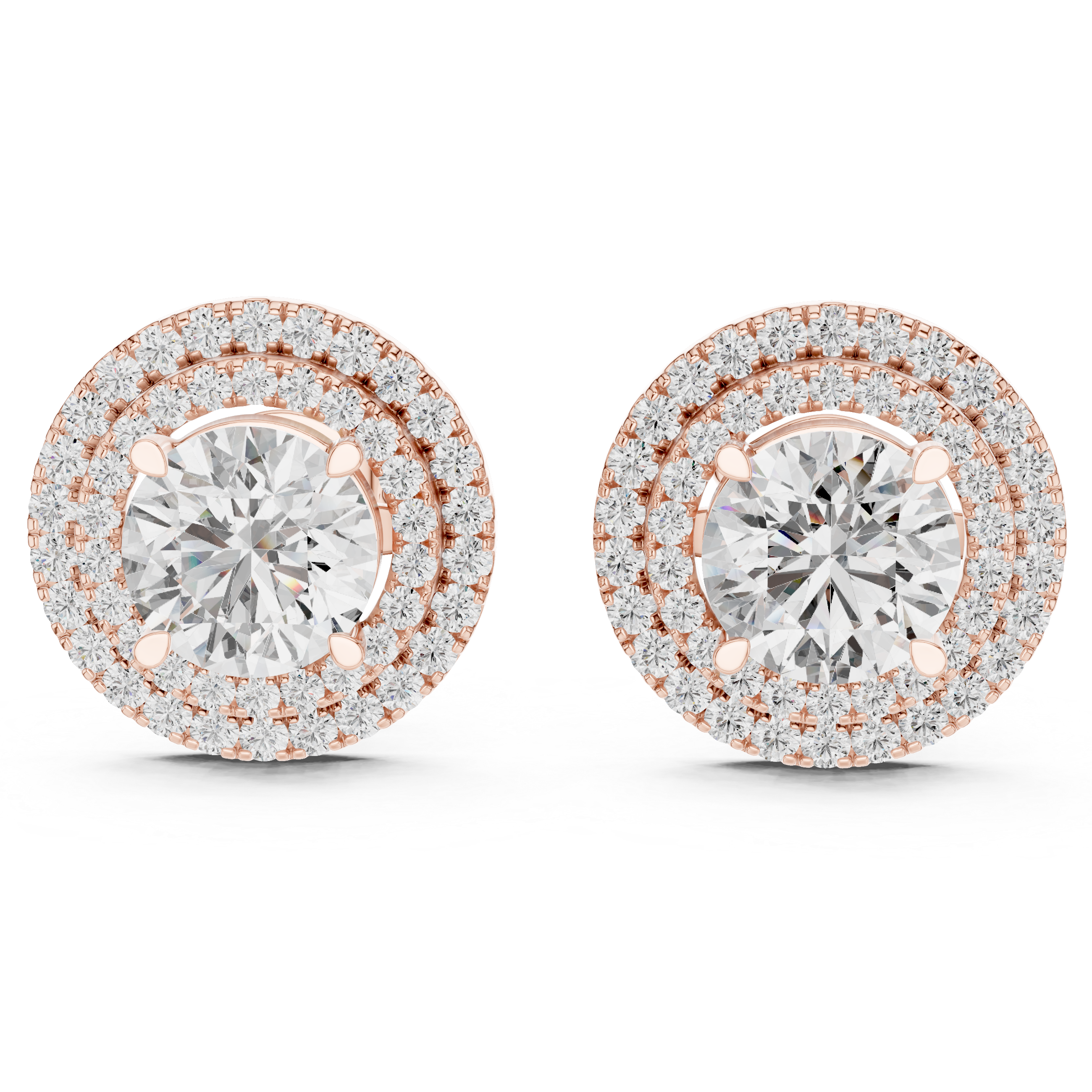 Double Halo Round Diamond Stud Earrings in Gold