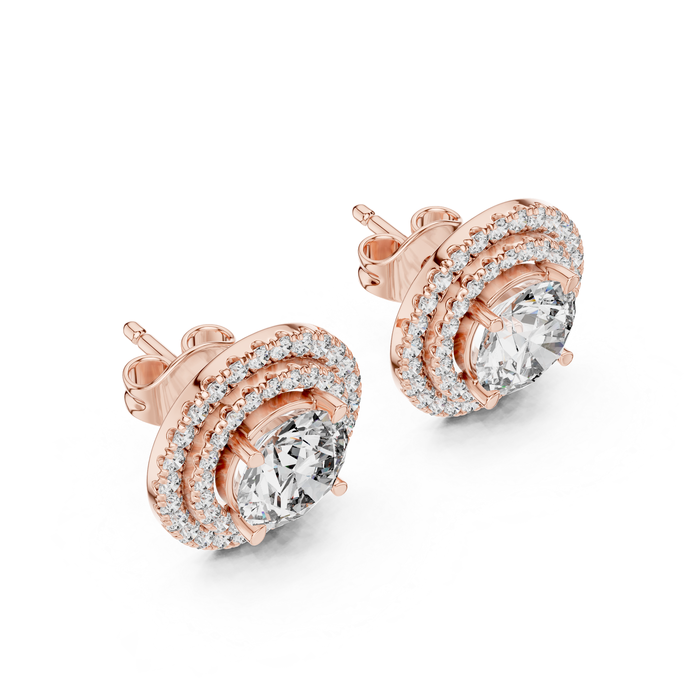 Double Halo Round Diamond Stud Earrings in Gold