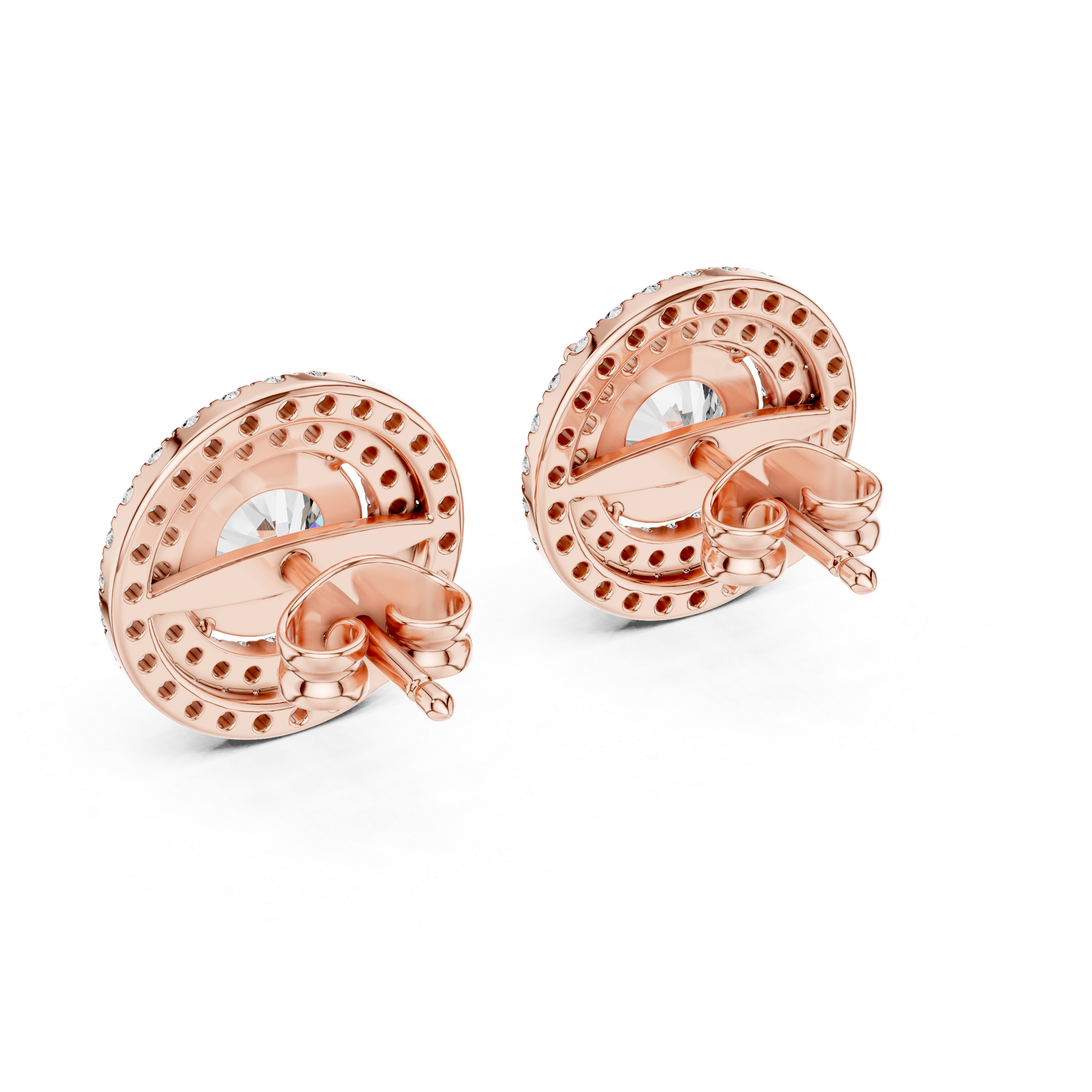 Double Halo Round Diamond Stud Earrings in Gold